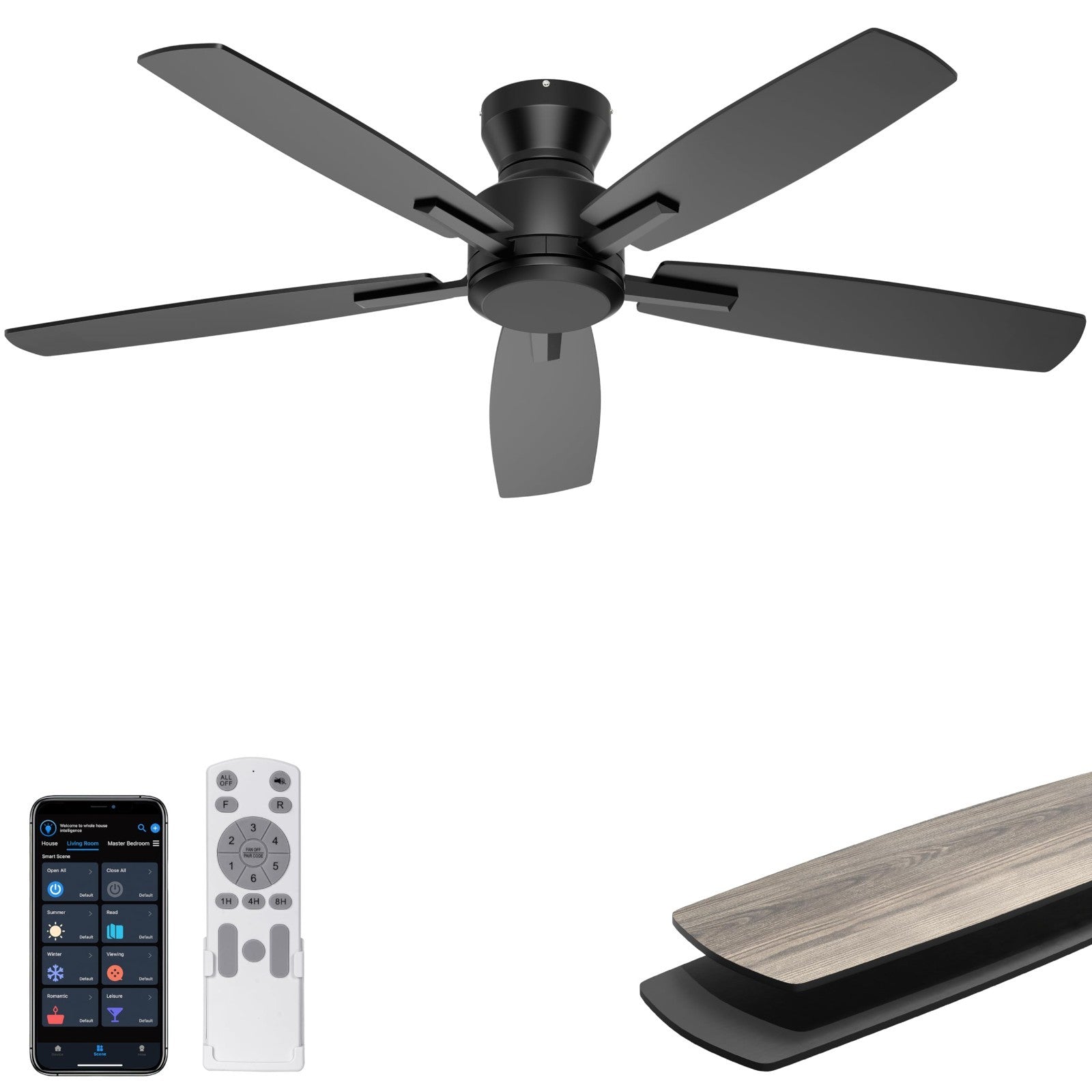 52" Low Profile Ceiling Fan   No Light, Remote/APP Control, Quiet DC Motor, 45801