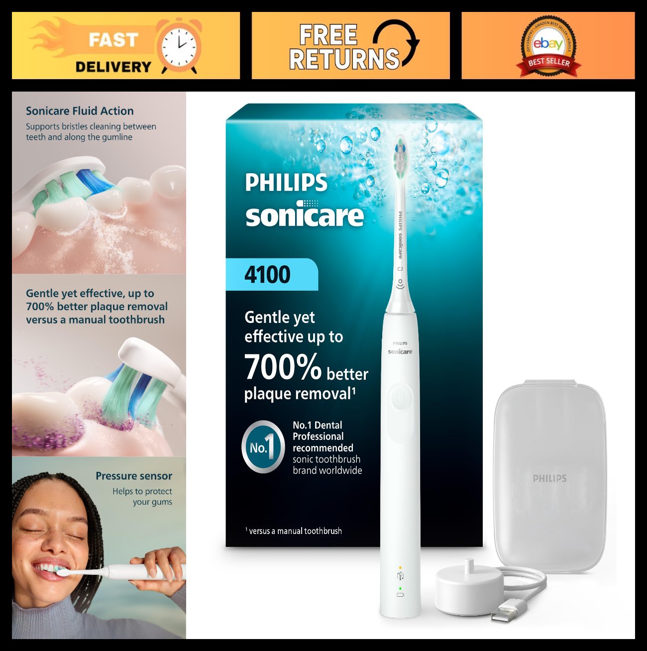 Rechargeable Electric Toothbrush, 700% Plaque Removal, Pressure Sensor, 2 Settin0