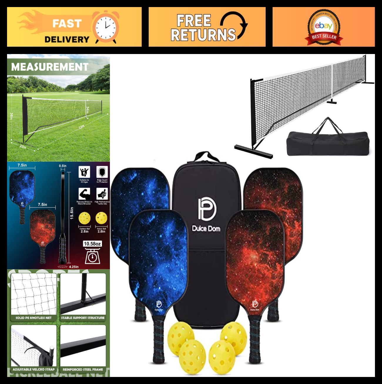 Pickleball Paddle Set of 2/4 - USAPA Approved Fiberglass/Graphite Rackets with B0