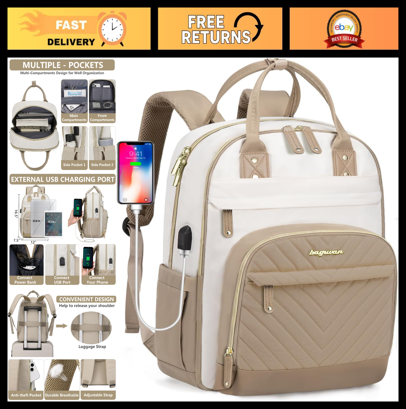 15.6" Laptop Backpack for Women   Waterproof Travel Bag with USB Charger, Anti T0