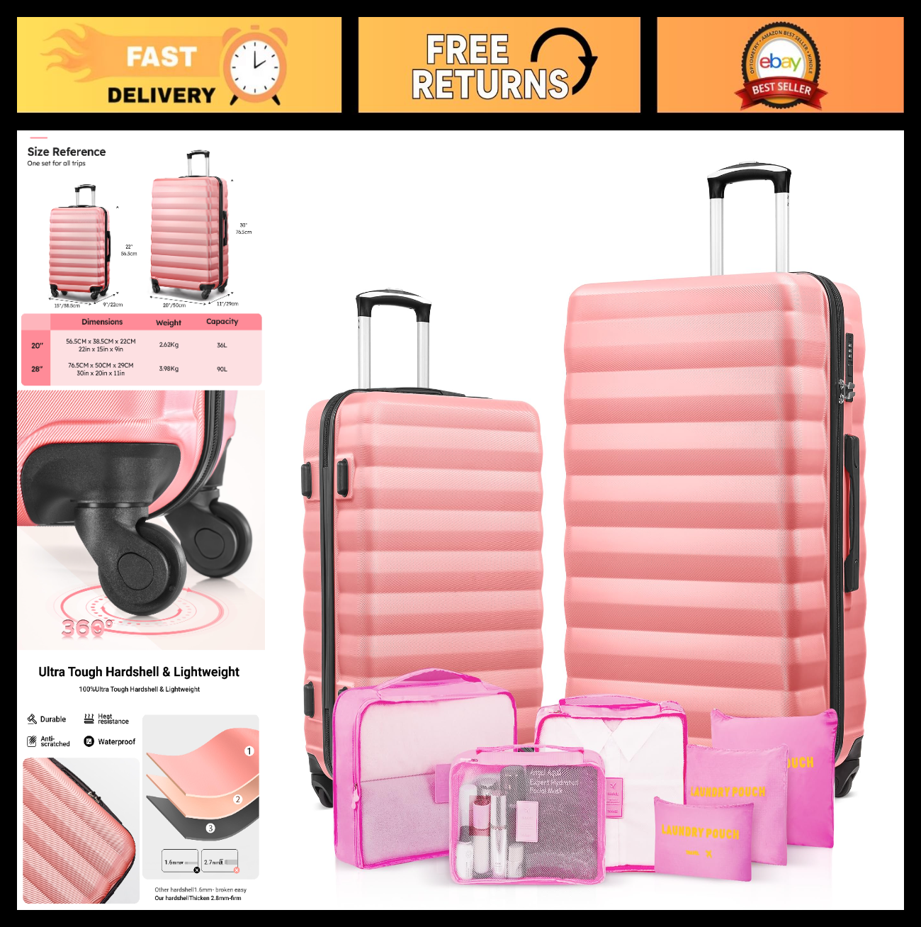 2 Piece Luggage Set - 20" & 28" Hardshell Suitcases with Spinner Wheels, Travel0