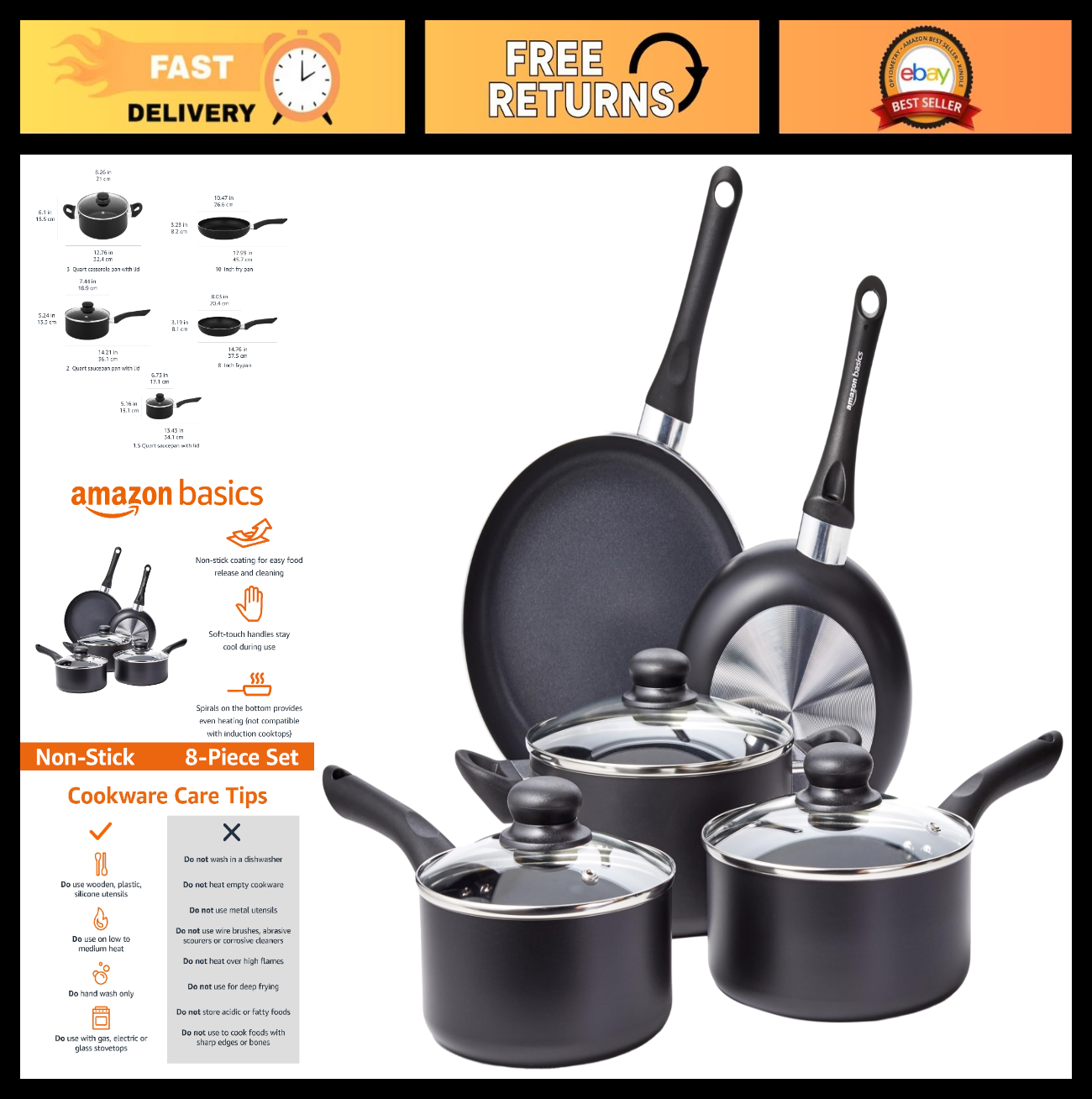 Non Stick 8 Piece Cookware Set, Pots & Pans, Kitchen Essentials, Black Finish0