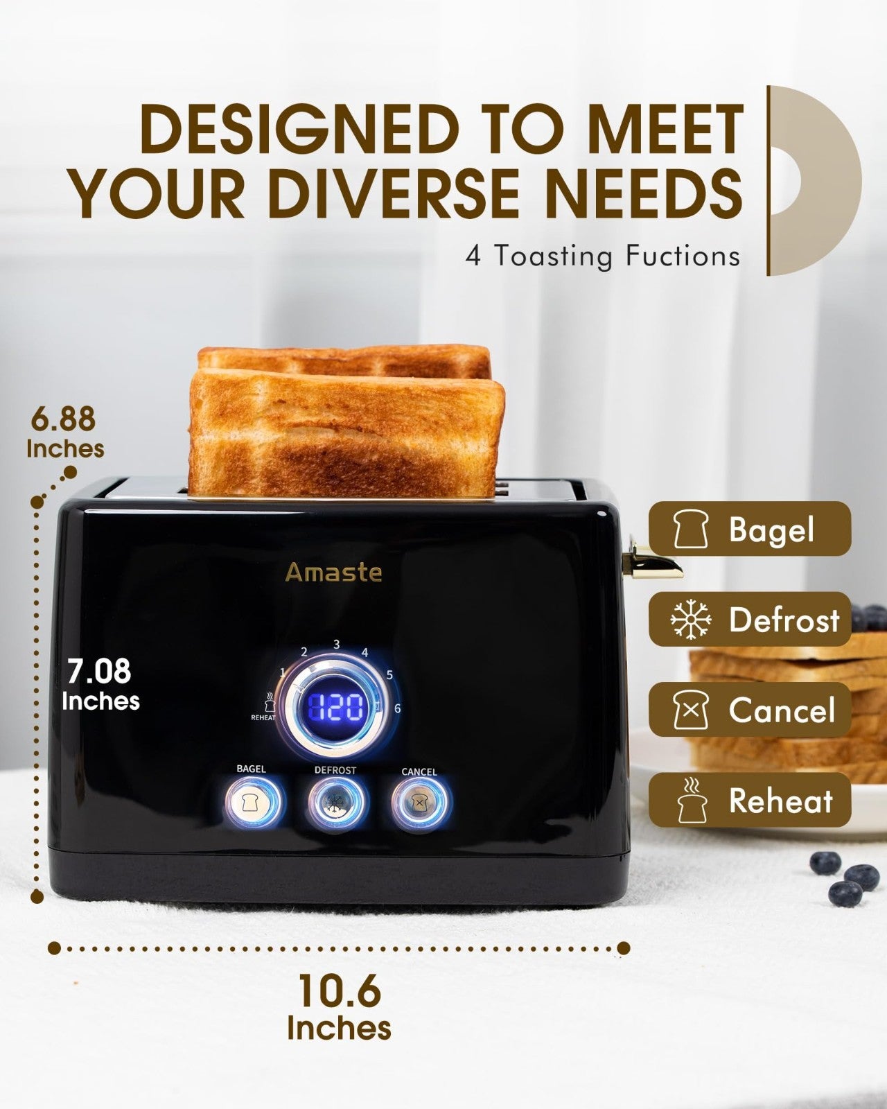 Retro 2 Slice Toaster with LED Display, Extra Wide Slots, 6 Shade Settings, Bage2