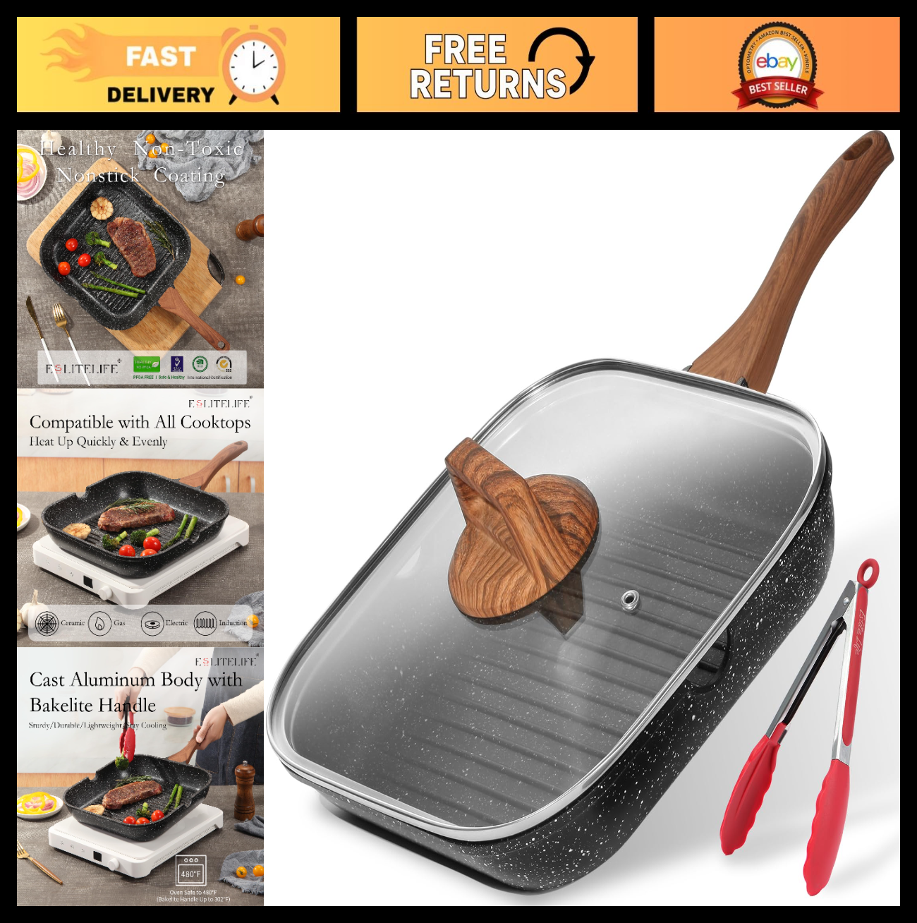 Optimized eBay Title:  "11-Inch Nonstick Grill Pan with Lid & Tongs - Versatile0