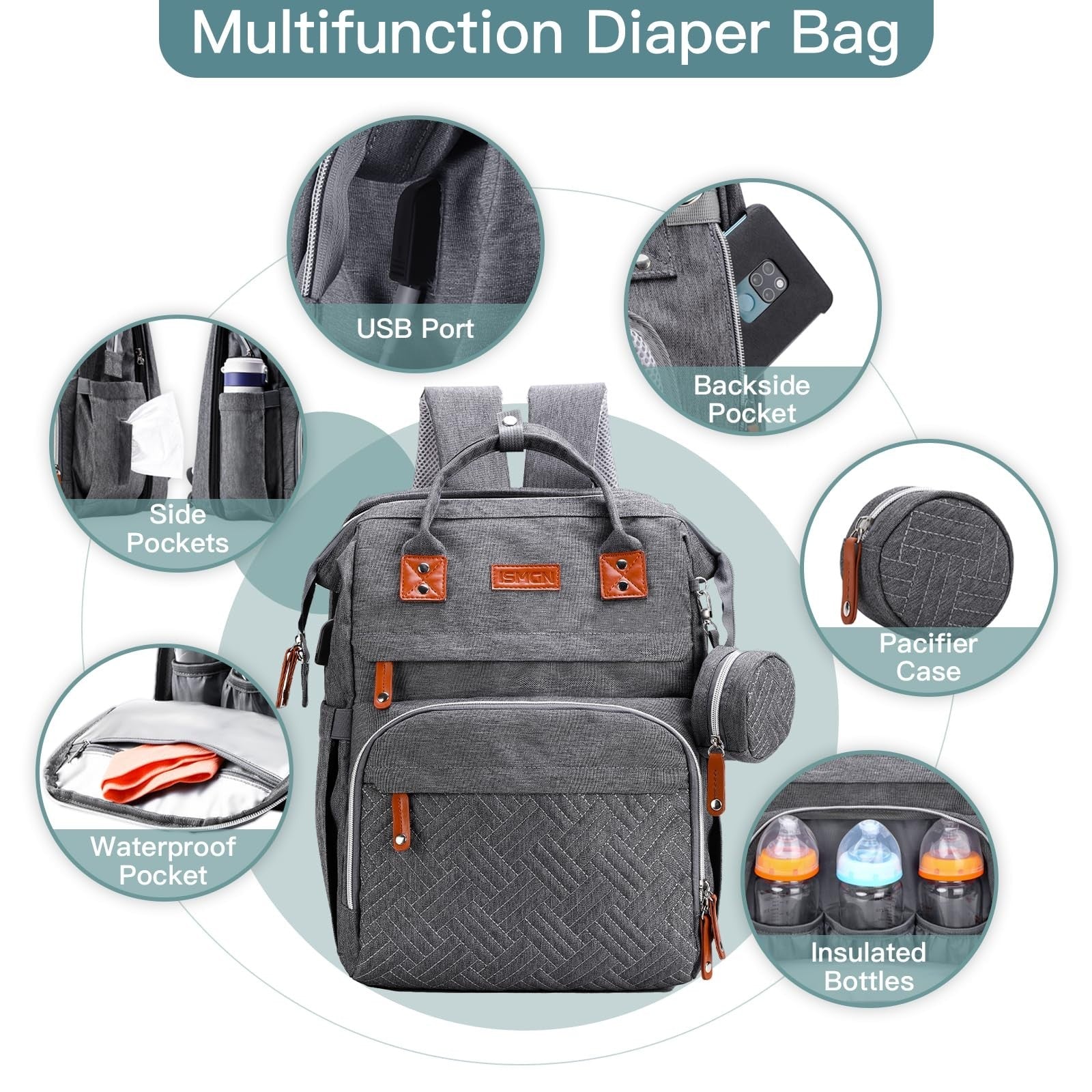 Diaper Bag Backpack with Changing Station, Baby Travel Bag for Mom   Deep Grey3
