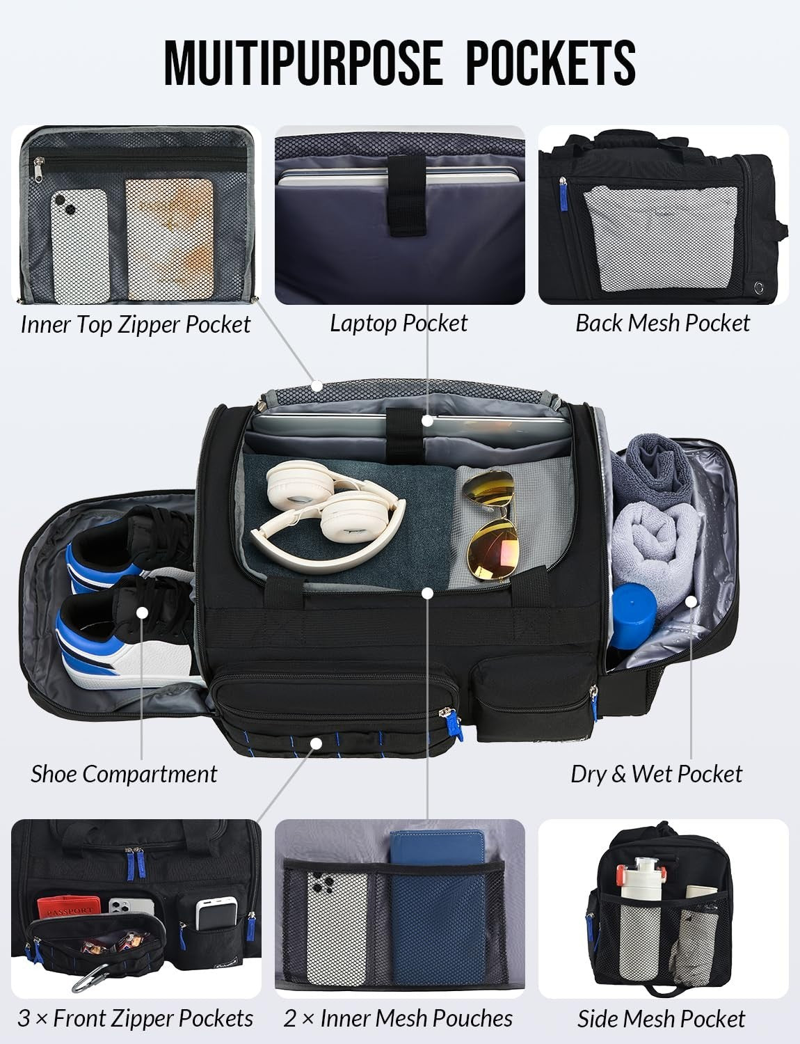 3-in-1 Gym Bag for Men & Women, 61L Travel Duffel Backpack, Wet Pocket & Shoe Co3