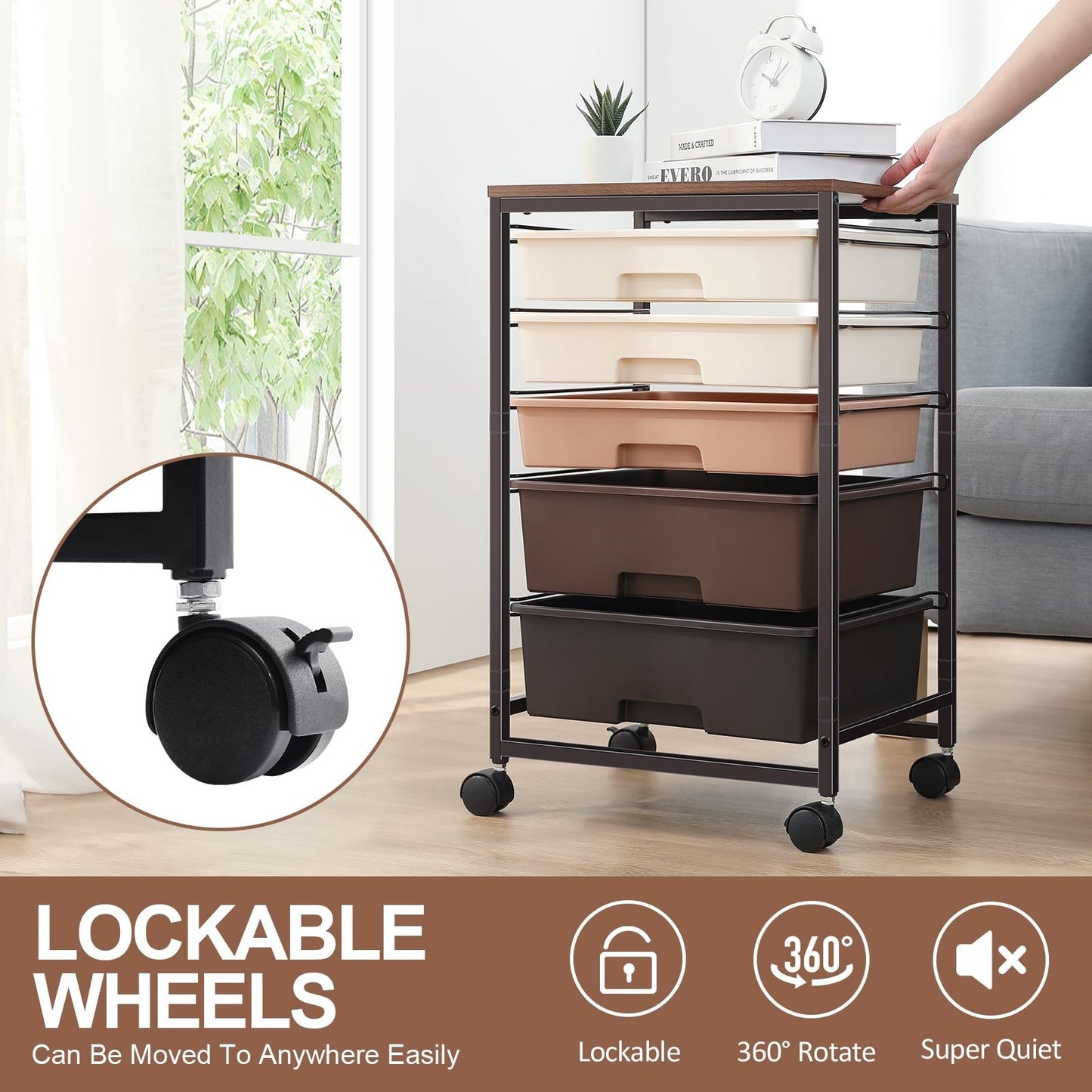 5 Drawer Utility Cart with Wooden Top & Lockable Wheels   Rolling Craft Trolley5