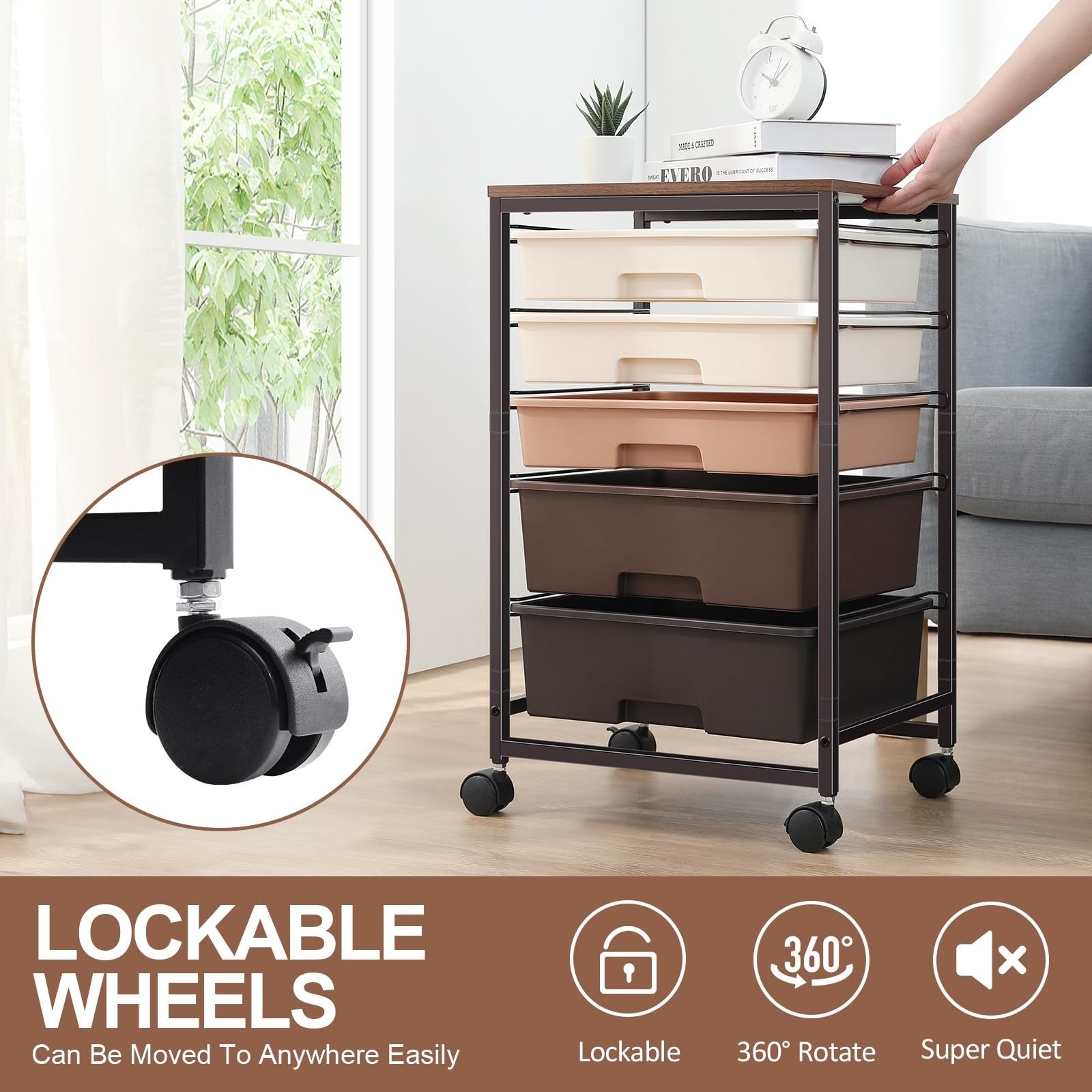 5 Drawer Utility Cart with Wooden Top & Lockable Wheels   Rolling Craft Trolley5