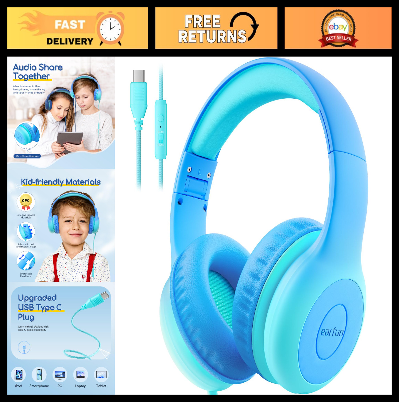 Wired Kids Headphones with Mic, USB Type C, 85dB Volume Limit, Foldable Stereo S0