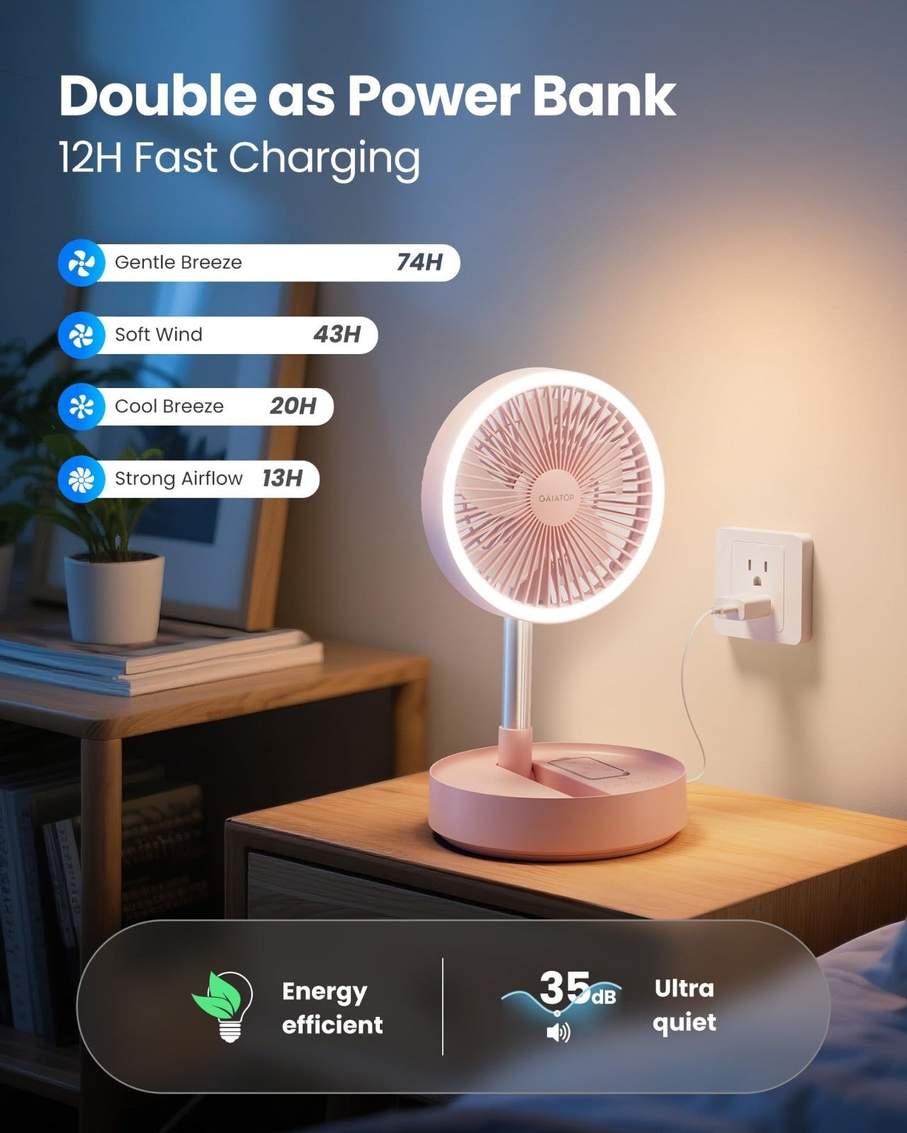 Portable Oscillating Fan with 16000mAh Battery, 74h Runtime, LED Light, Remote,7