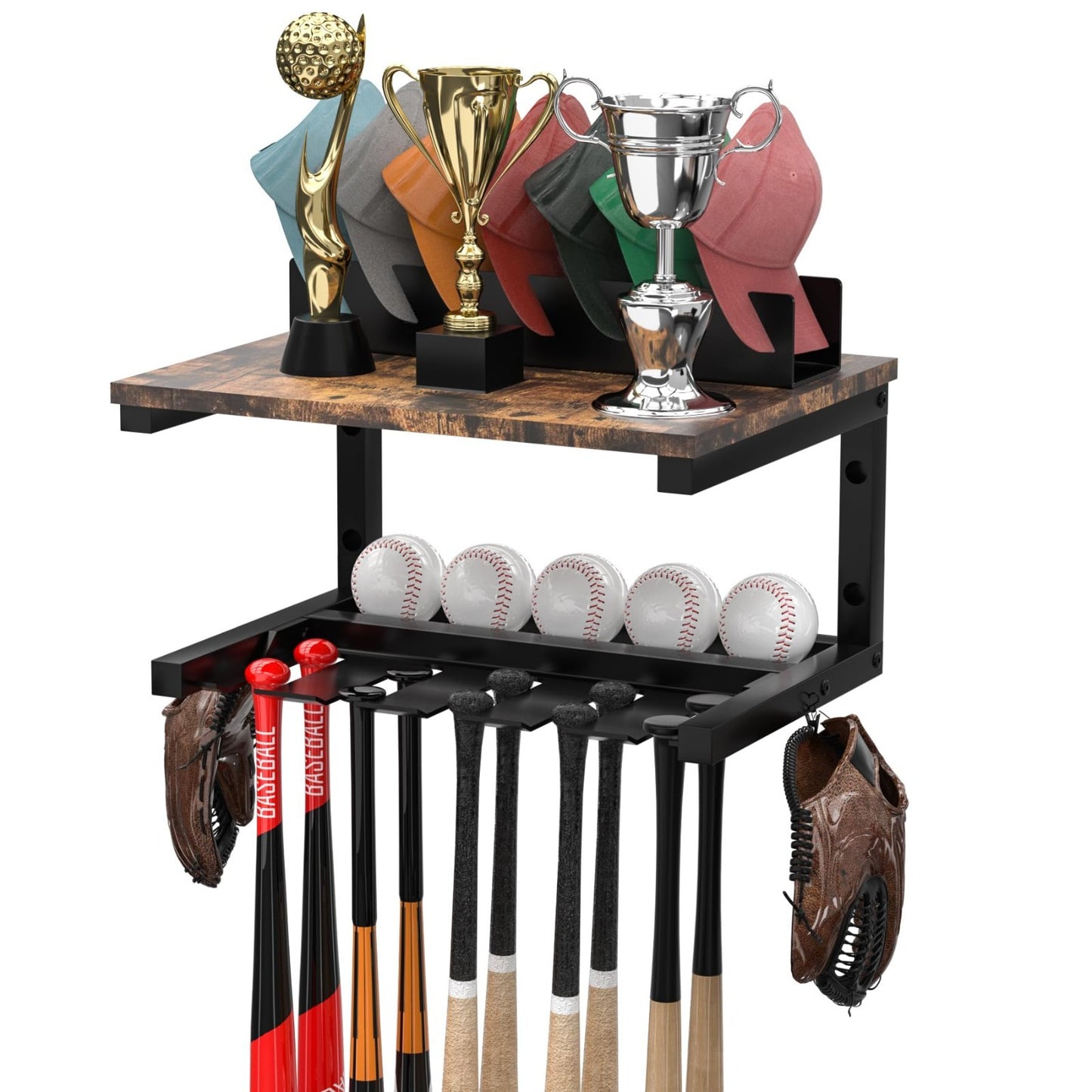 Wall Mount Baseball Bat Rack & Cap Holder   10 Bat Metal Storage, 5 Prongs, Blac1