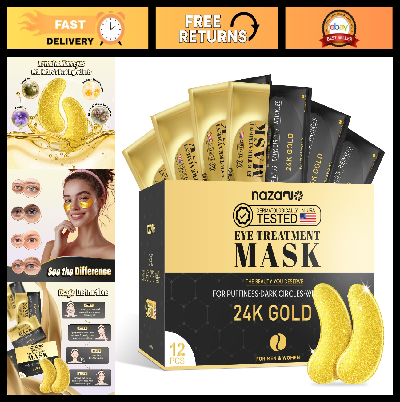 24K Gold Under Eye Patches   12 Pcs Hydrating Eye Masks for Dark Circles & Puffi0