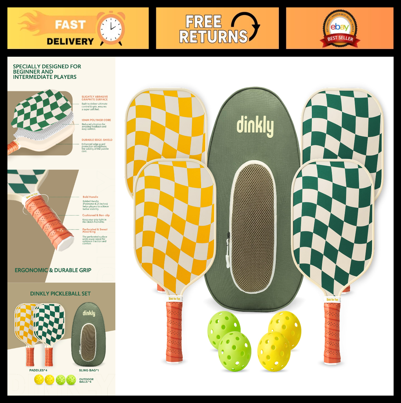 Pickleball Paddle Set of 2/4 - USAPA Approved, Graphite/Fiberglass, Includes Bal0