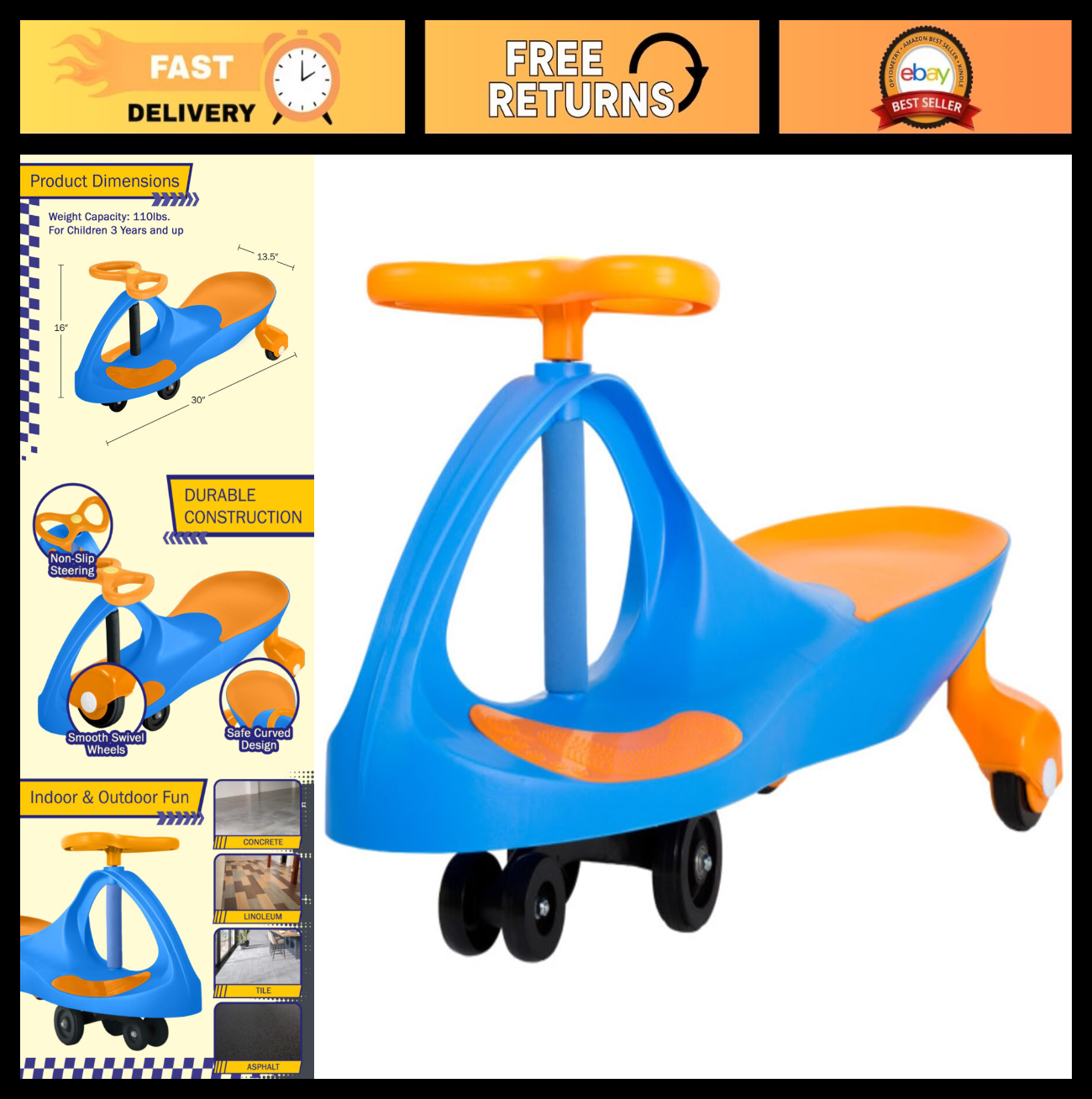 Wiggle Car Ride-On Toy for Kids Ages 3+, Fun Blue Outdoor Vehicle0