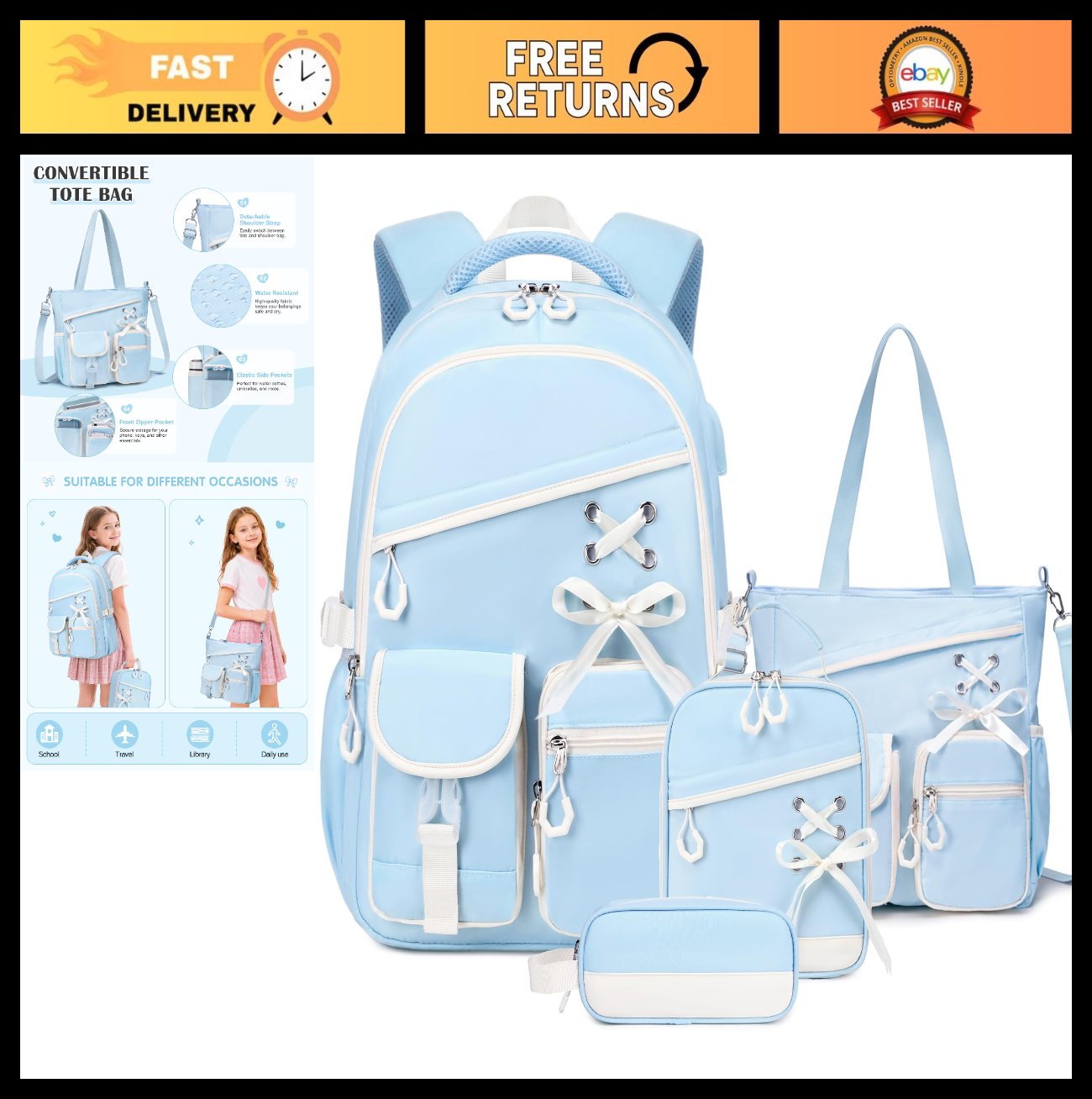4PCS Girls Backpack Set with Tote Bag, Lunch Bag & Pencil Pouch   Stylish & Func0