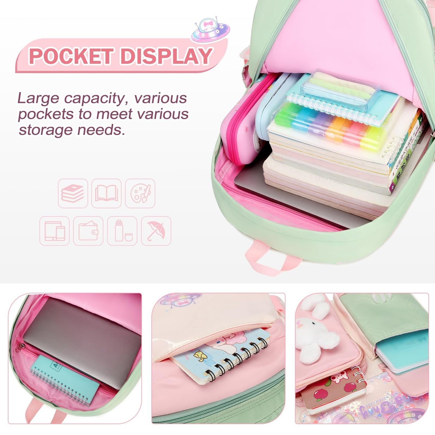 Kawaii Bunny Girls Backpack Set 4PCS   Tote, Lunch Box, Pencil Case   School Bag3