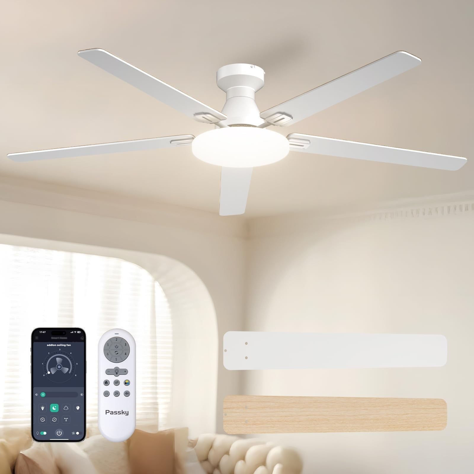 60" White Low Profile Ceiling Fan with Lights & Remote | Dimmable, Quiet, Revers1