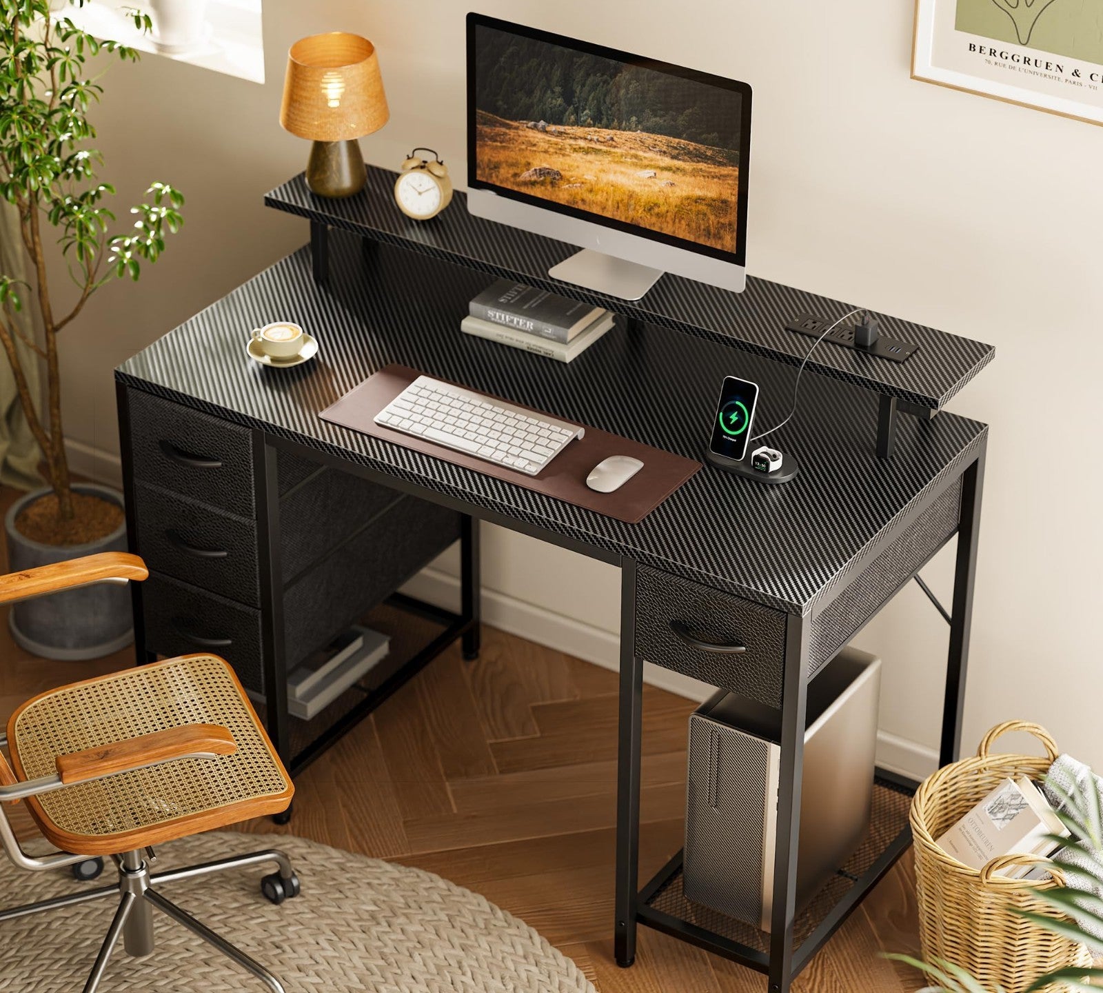47 Inch Gaming Desk with LED Lights, Power Outlets & 4 Drawers - Home Office Fur8