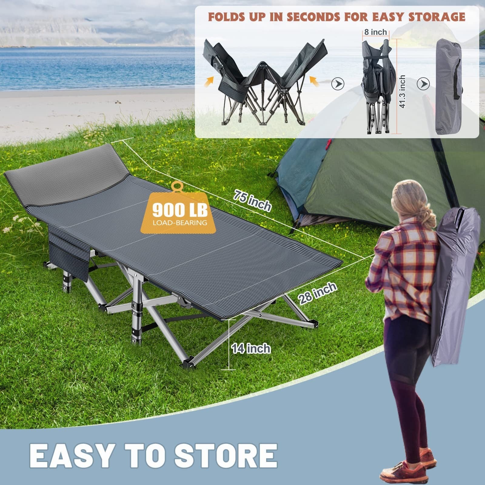 Folding Camping Cot for Adults, 28" Wide, 880 lbs Capacity, Padded & Portable wi3