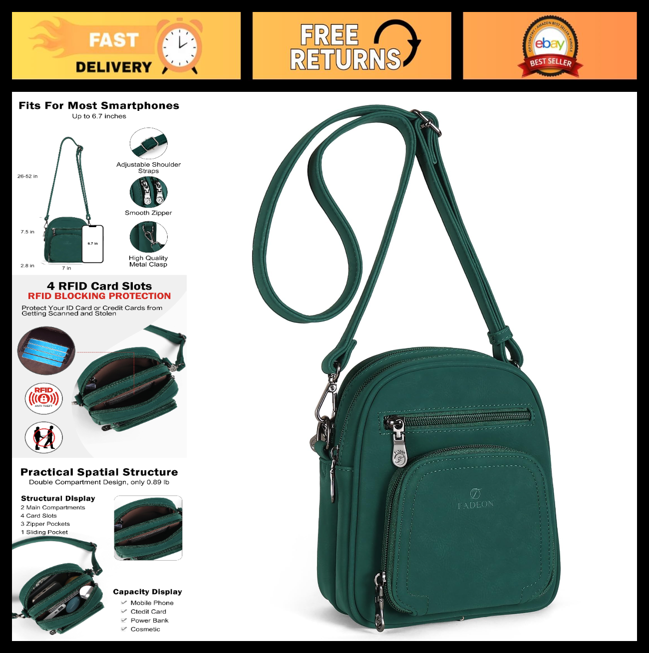 Stylish Small Crossbody Purses for Women, RFID Anti-Theft, 4 Card Slots0