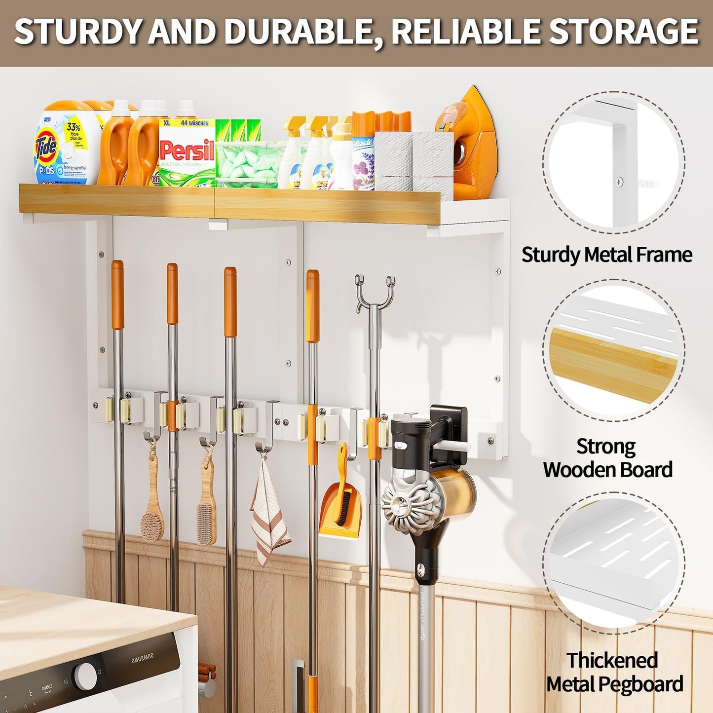 Wall-Mounted Broom and Mop Organizer - Space-Saving Holder for Easy Storage3