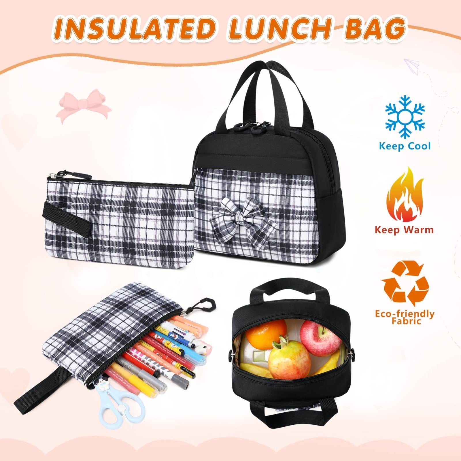Stylish 3PCS School Backpack Set for Girls   17" Bow Plaid Bookbag, Durable & Tr5