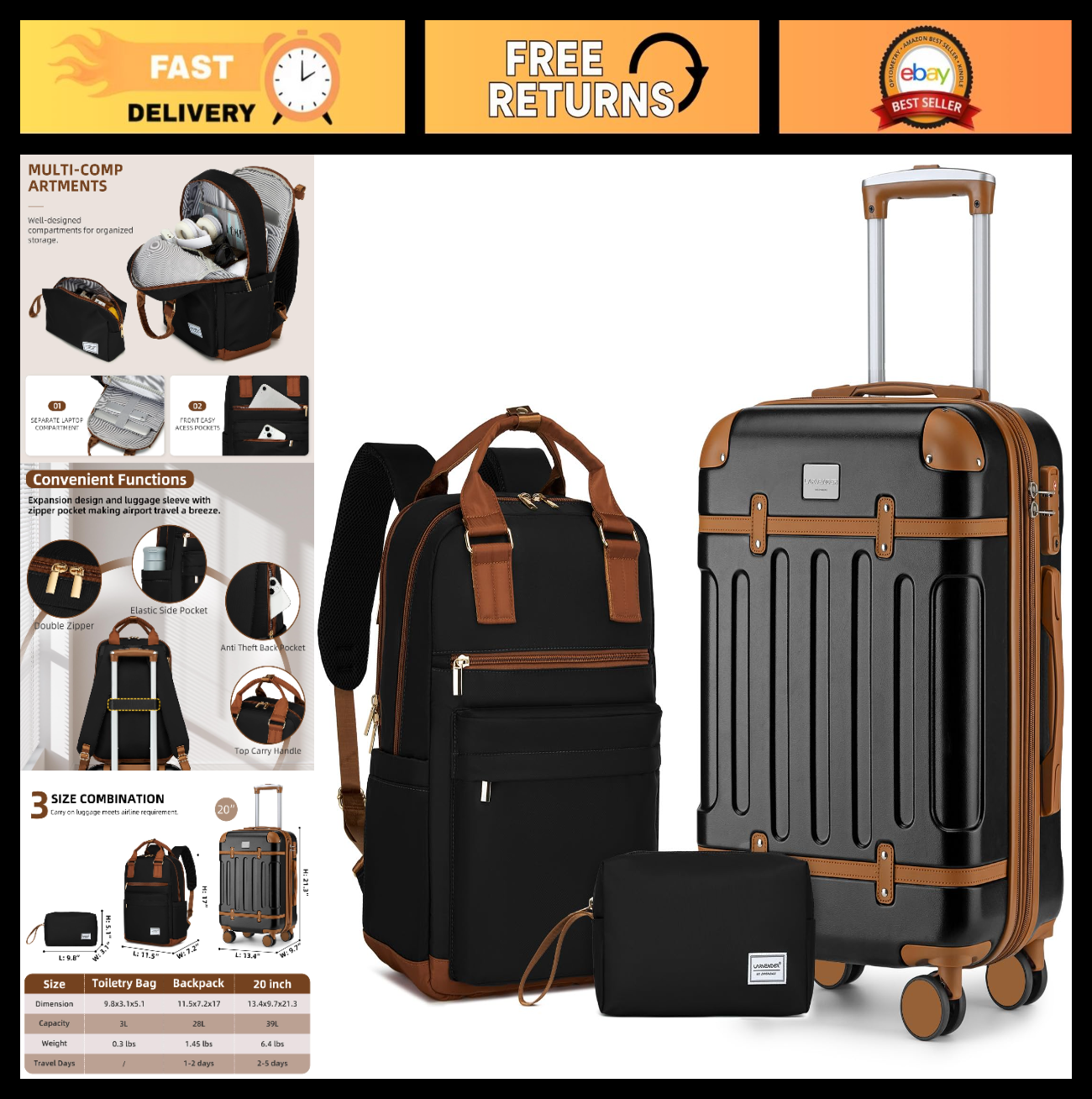 3-Piece Expandable Carry-On Luggage Set, Black - 22x14x9, TSA Lock, 360° Spinner0