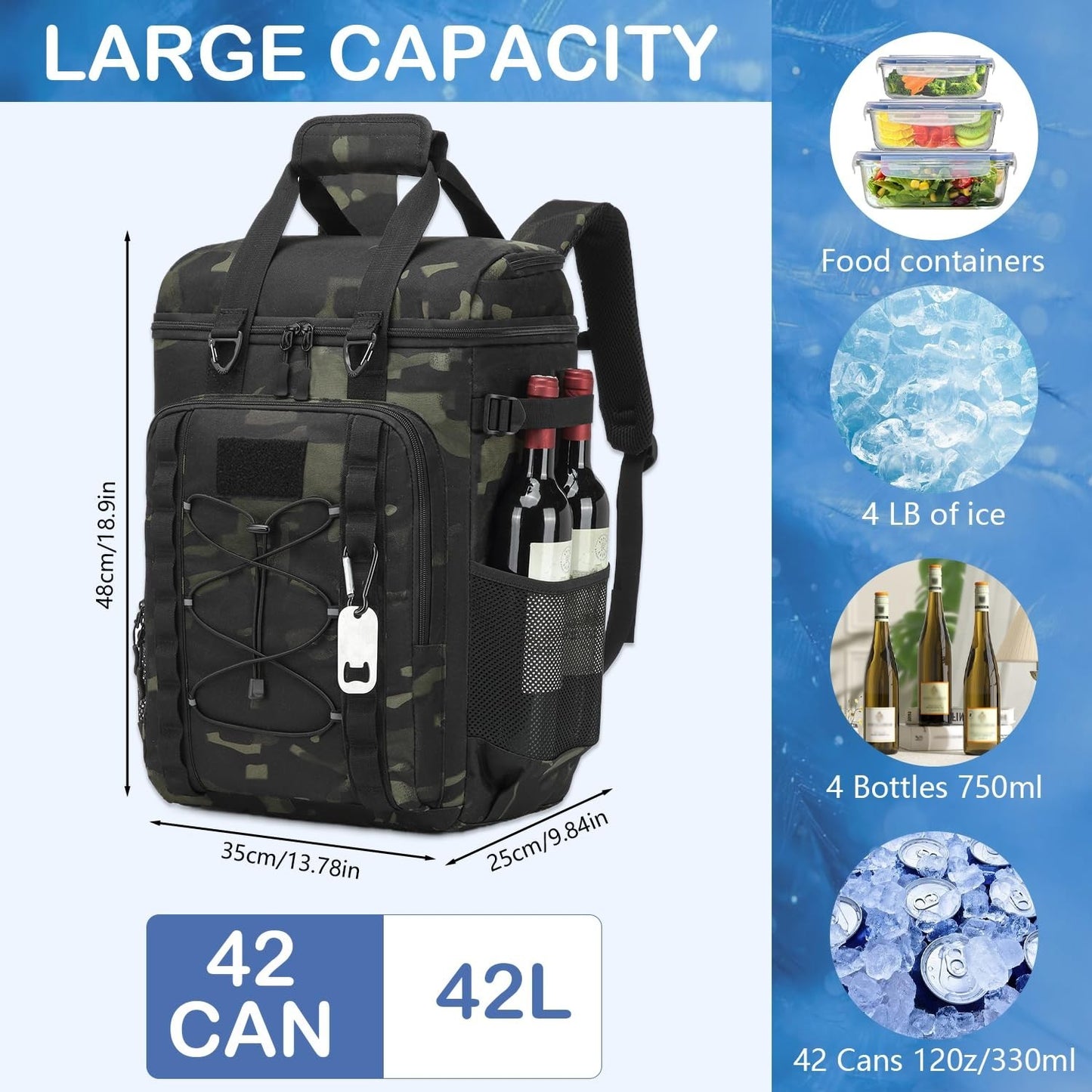 Insulated Tactical Backpack Cooler - 42 Can Soft Cooler for Camping, Hiking, Bea3
