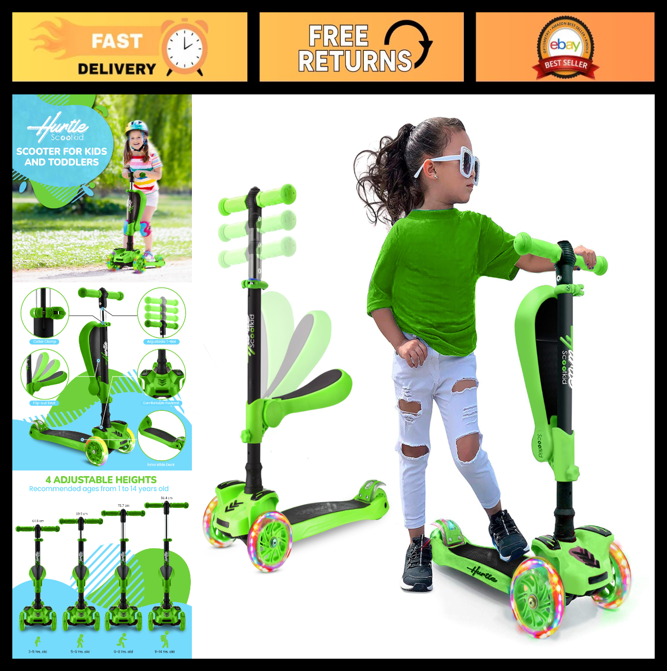 3-Wheeled Kids Scooter with LED Lights, Adjustable Handlebar & Foldable Seat - S0