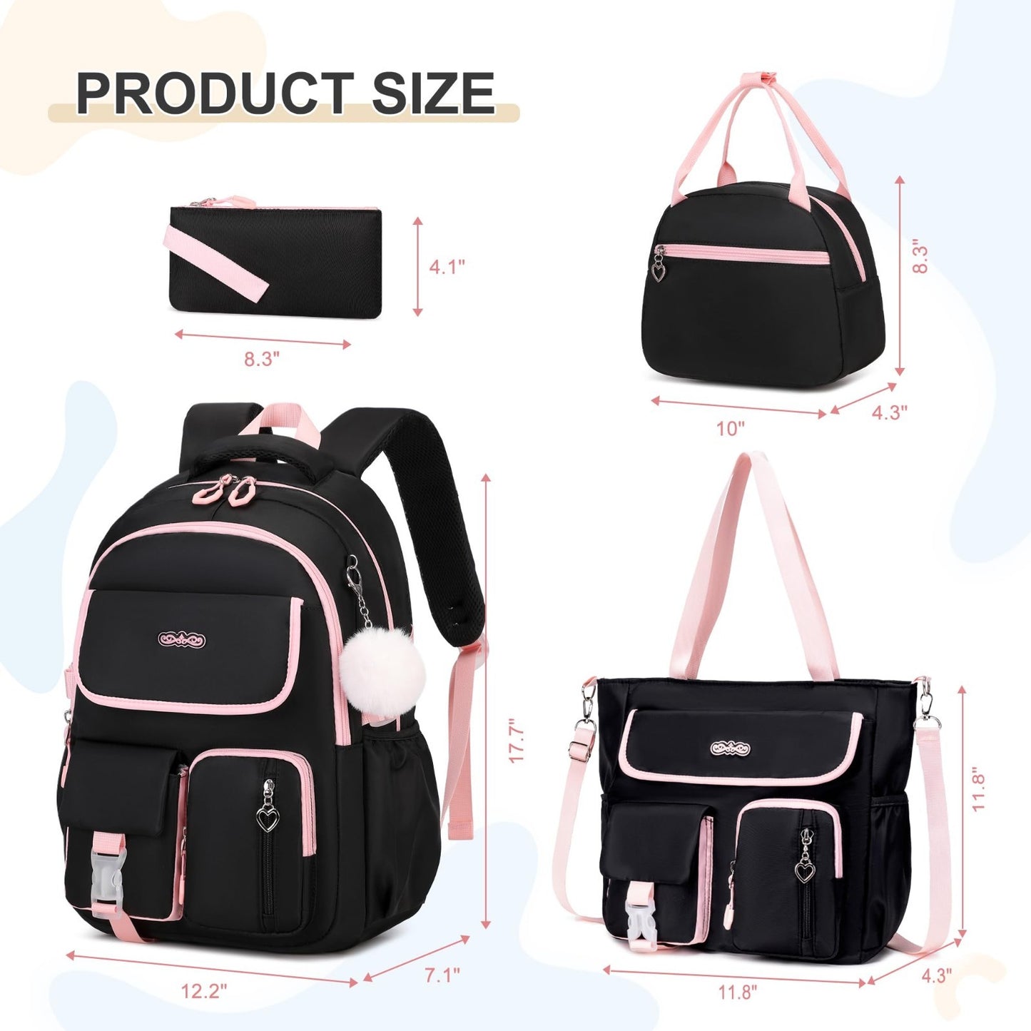 4PCS Girls Backpack Set with Tote Bag, Lunch Box & Pencil Pouch   School Supplie2