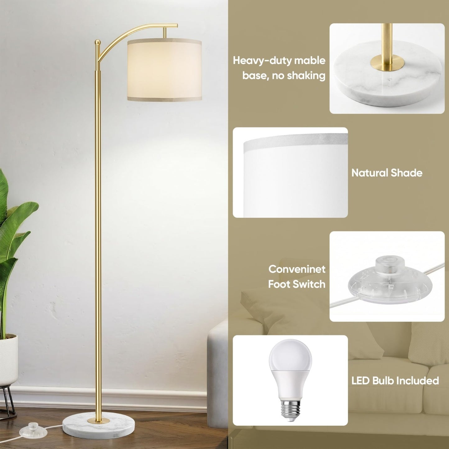 Modern Gold Floor Lamp with Marble Base, Adjustable Linen Shade, 3 Color Tempera4