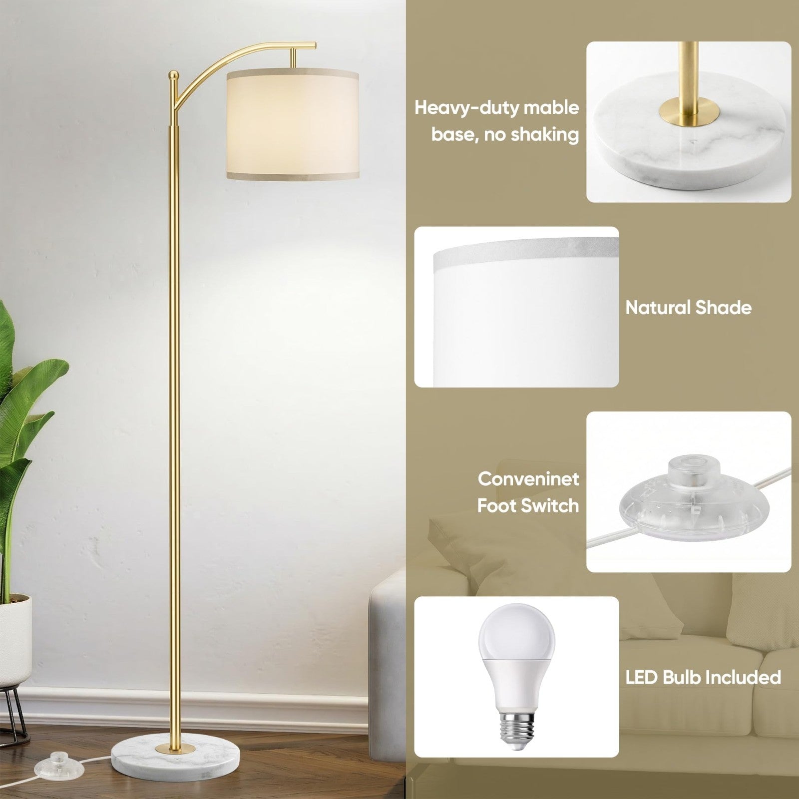 Modern Gold Floor Lamp with Marble Base, Adjustable Linen Shade, 3 Color Tempera4