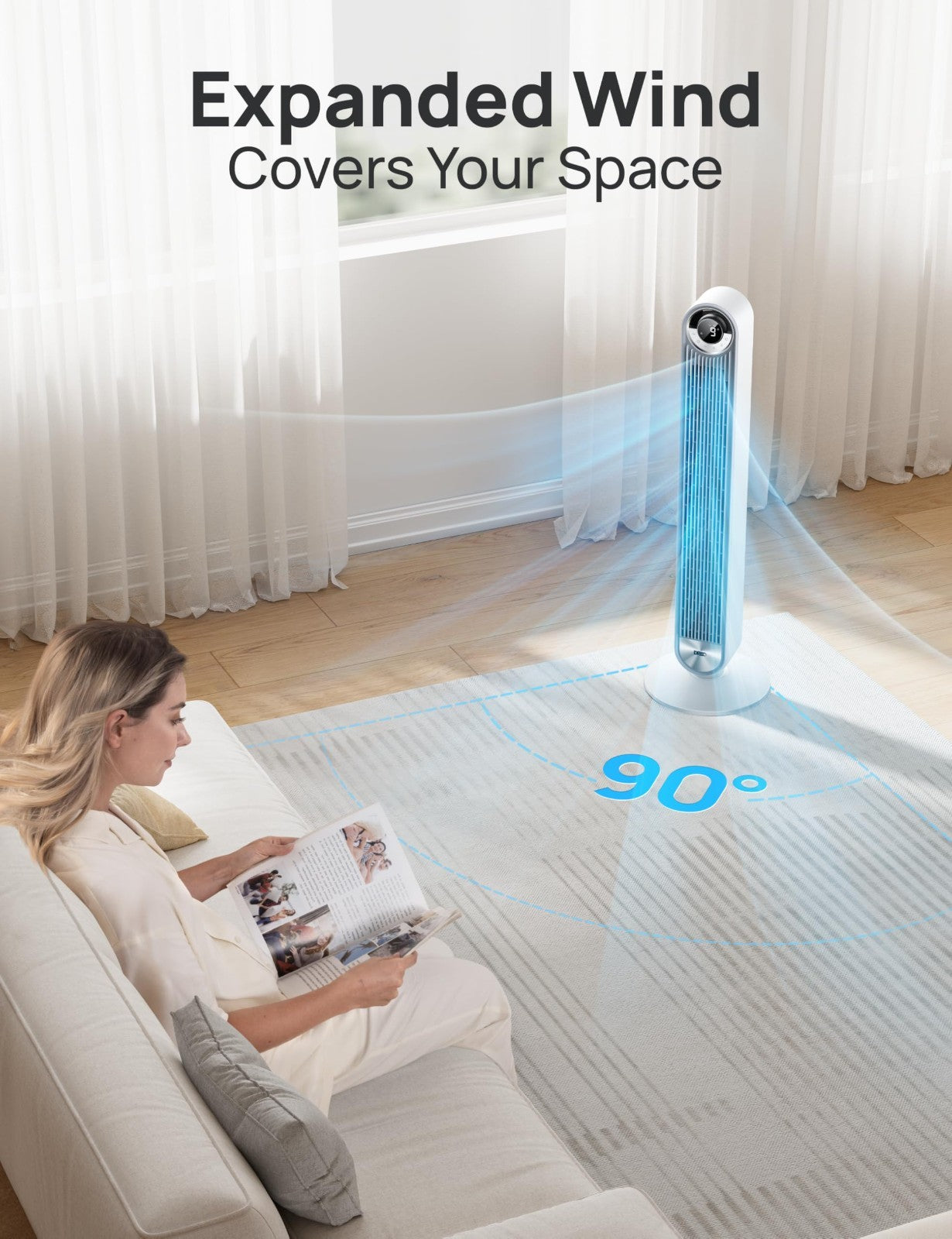 Bladeless Tower Fan with 9 Speeds, 90° Oscillation, 20dB Quiet, 12H Timer   Idea4