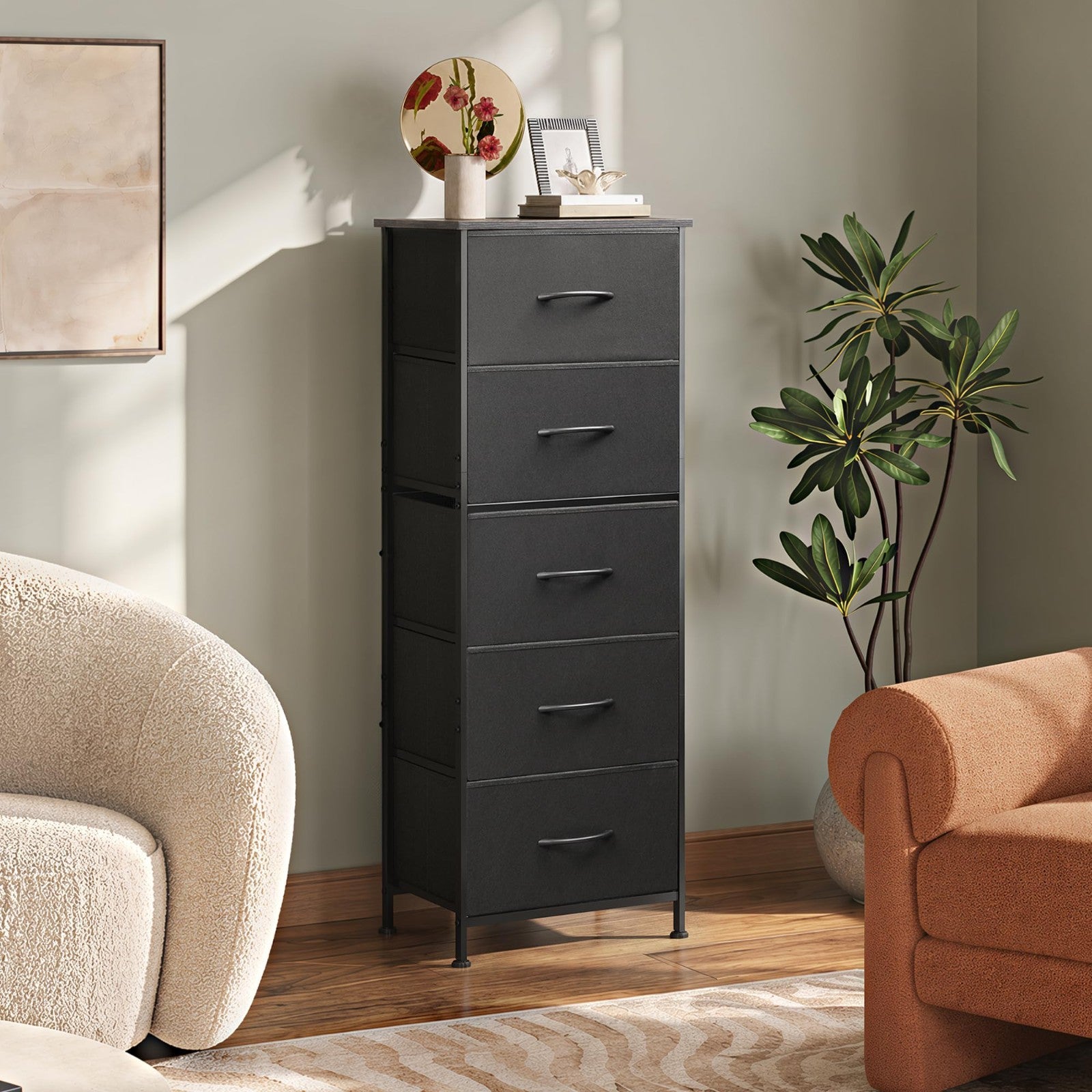 Tall Dresser for Bedroom - 5 Drawer Vertical Fabric Chest, Charcoal Black, Space3