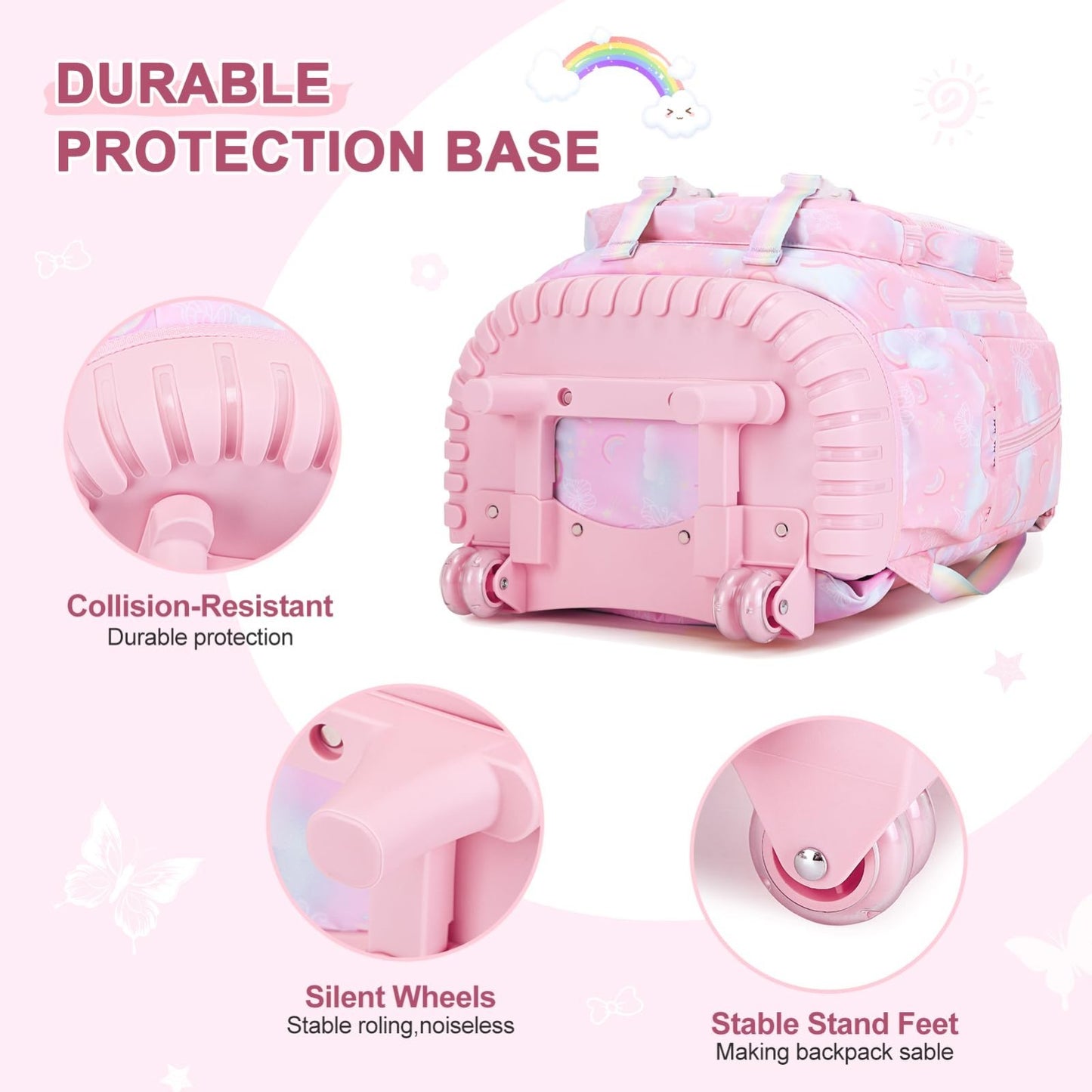 3PCS Girls Rainbow Butterfly Rolling Backpack Set with Lunch Box   Pink Travel B4