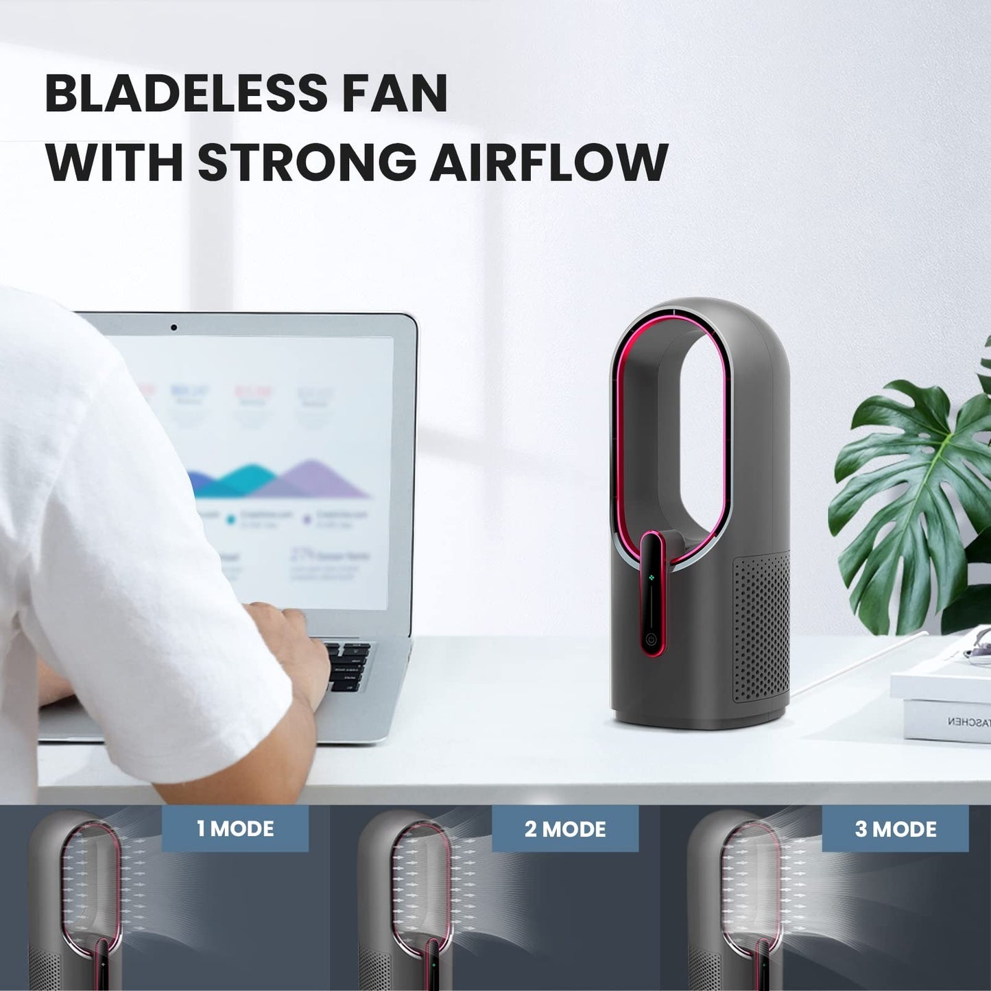 Bladeless Desk Fan 11.8 Inch   Quiet, 3 Speed Touch Control, Easy to Clean, Smal3