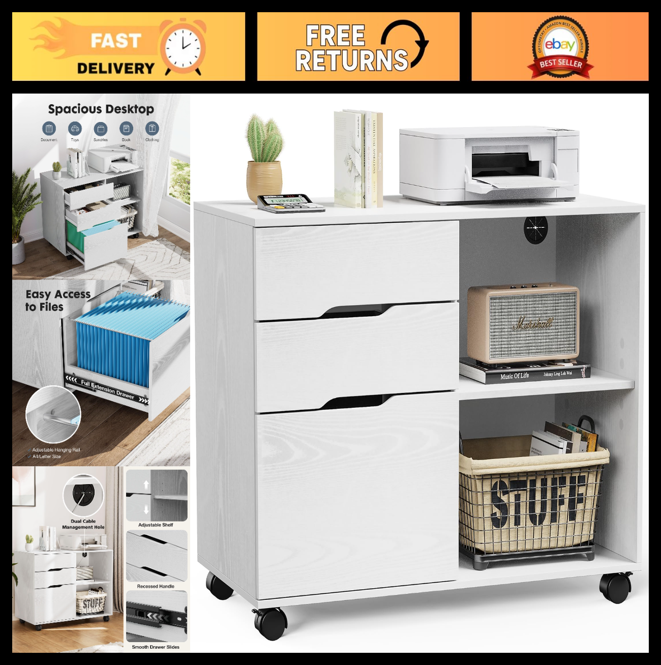 Wood File Cabinet with 3 Drawers, Rolling Printer Stand, Under Desk Storage Orga0
