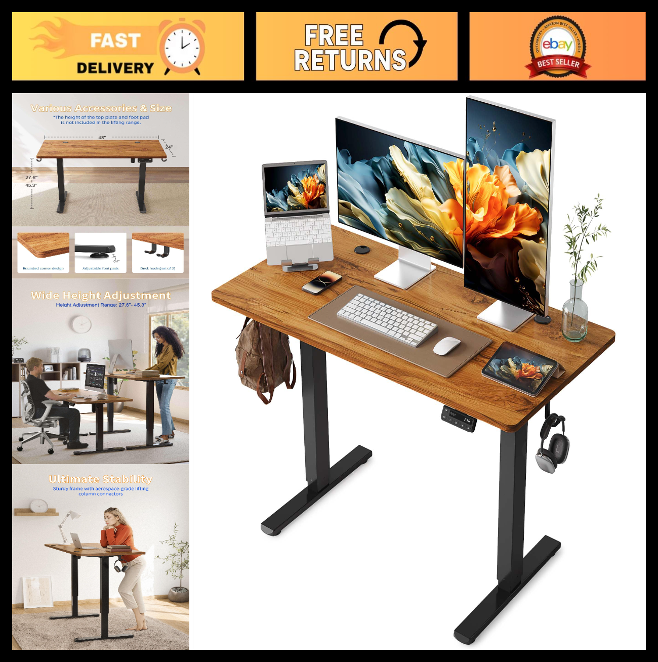 Adjustable Electric Standing Desk 48x24, Height-Adjustable Computer Desk for Hom0