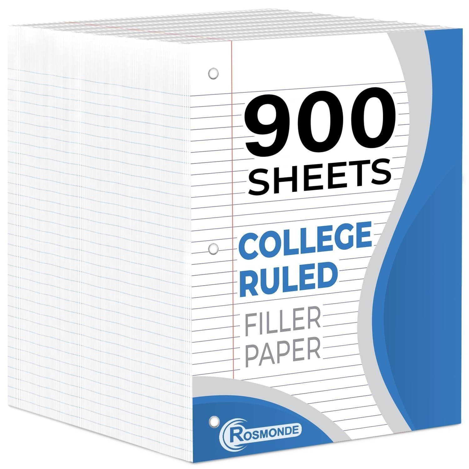 6 Pack College Ruled Loose Leaf Paper, 900 Sheets, 3 Hole Punched, 8"x10.51