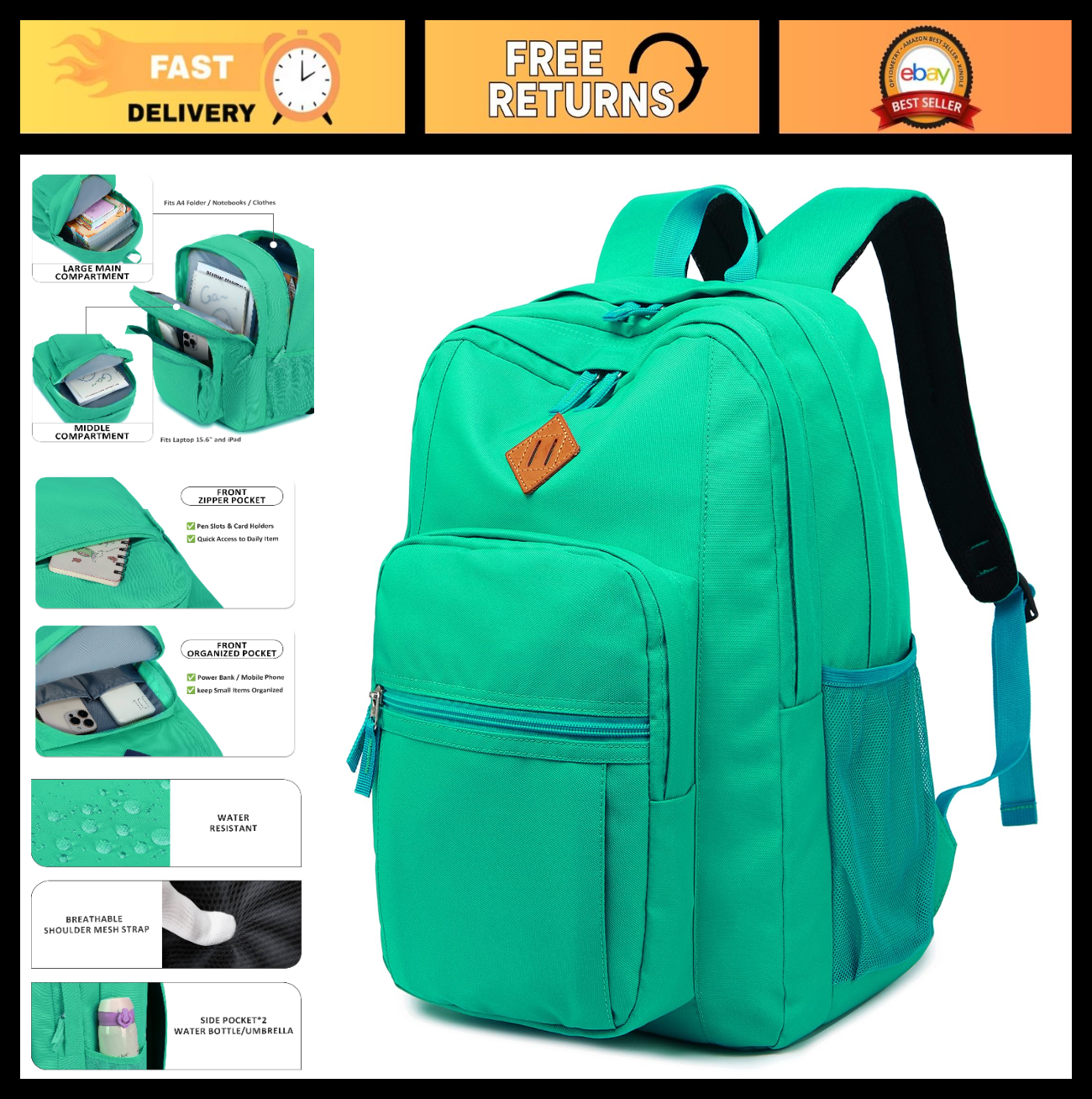 Water Resistant Women's Travel Backpack, College Bookbag for Men & Women   Teal0