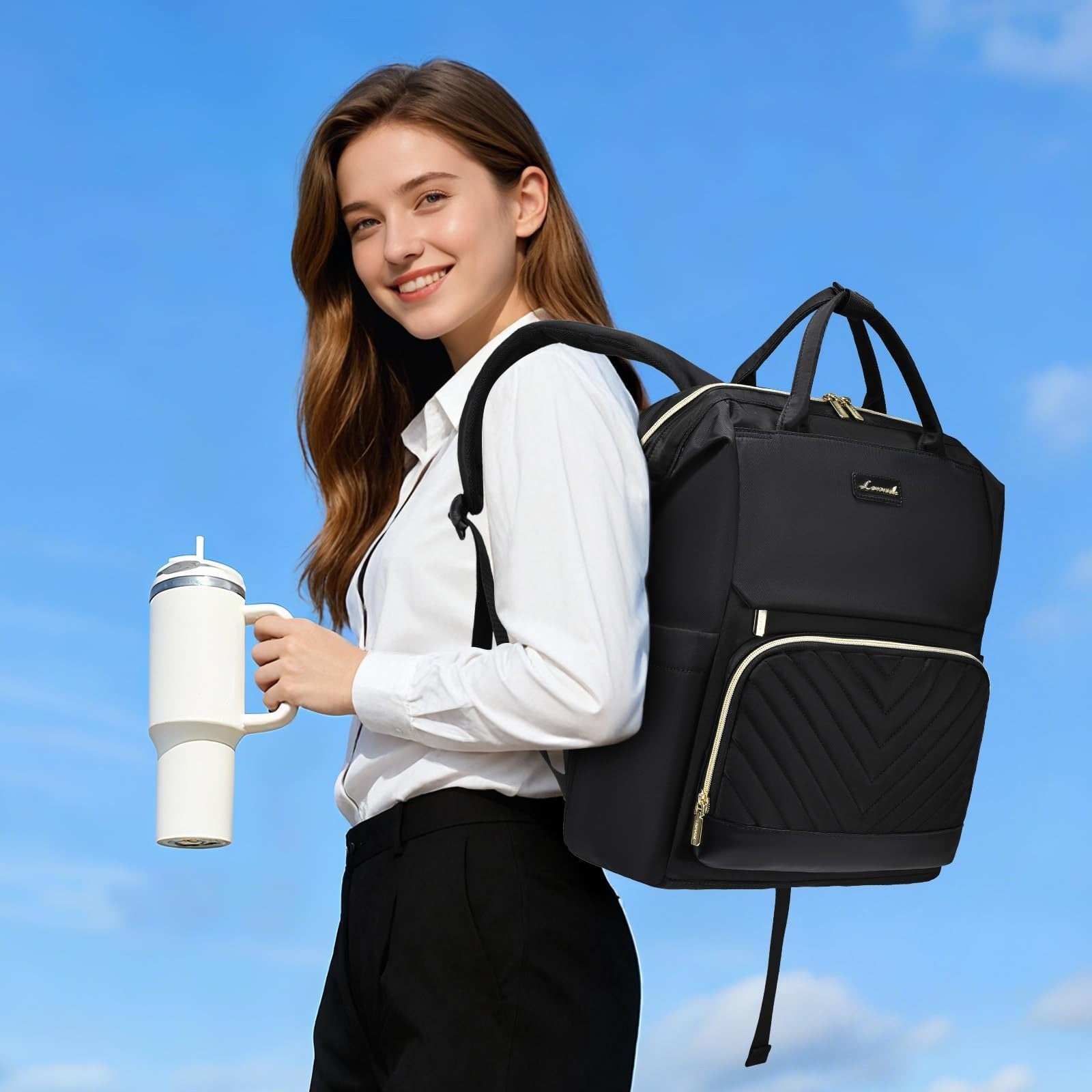 Stylish Laptop Backpack for Women   Travel Friendly with Tumbler Holder, Ideal f2