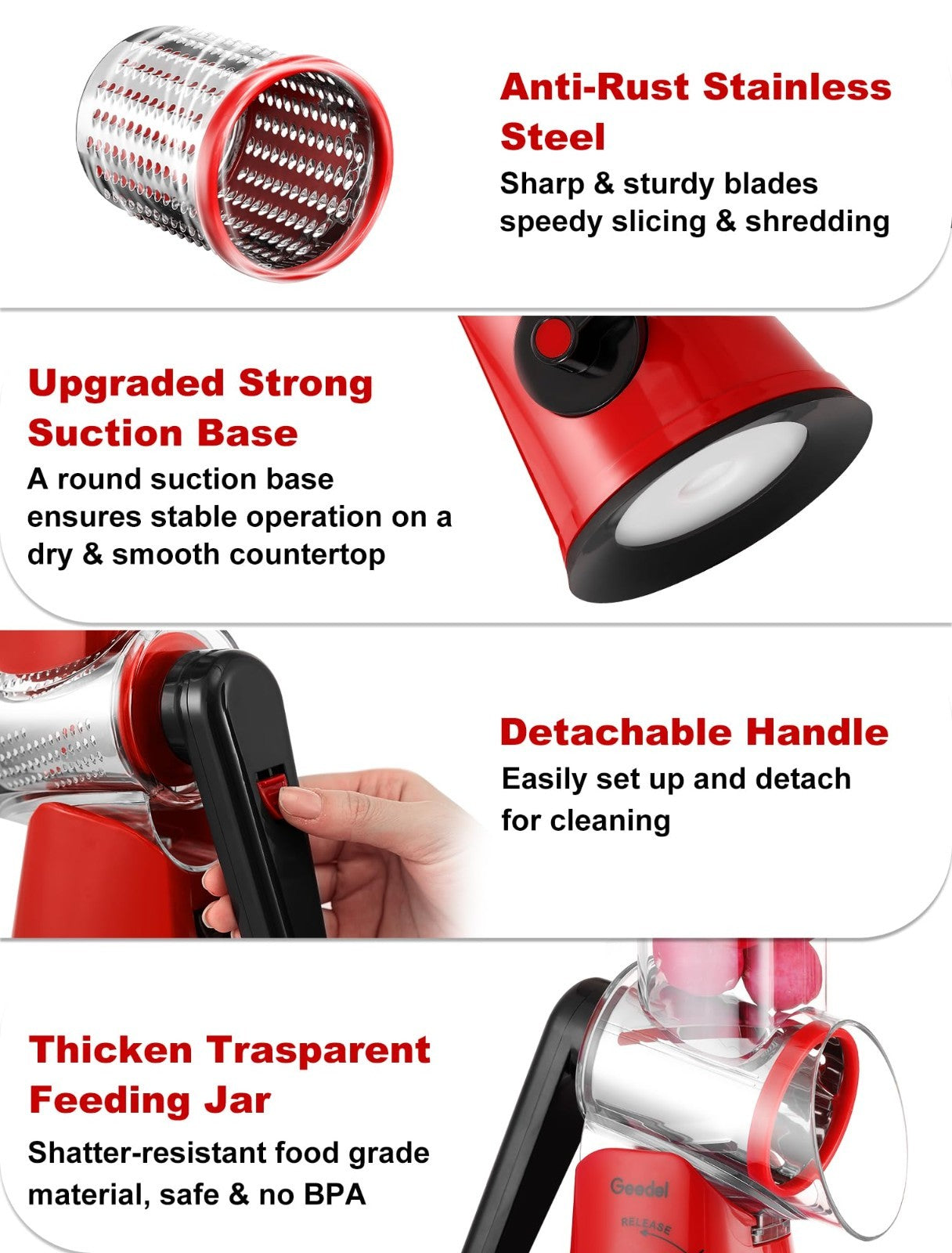Rotary Cheese Grater & Vegetable Shredder with 6 Blades, Suction Base, Mandoline4