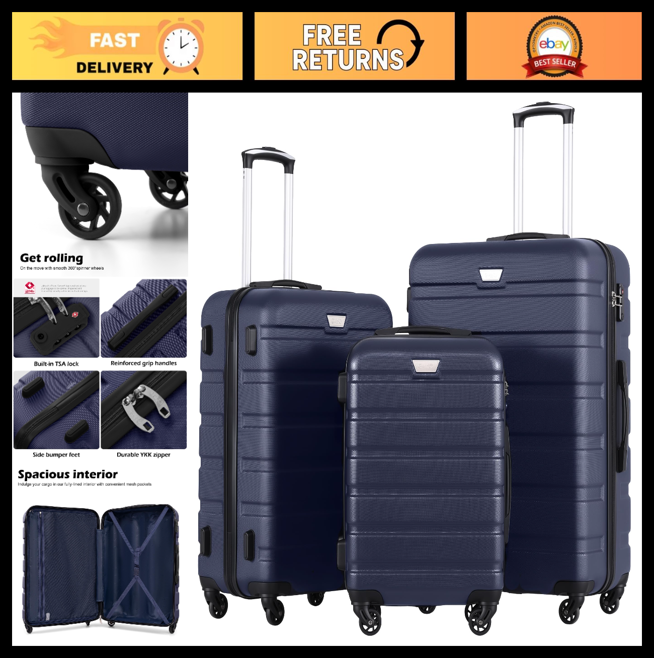 Lightweight Durable Hardshell Luggage Set, 3-Piece Suitcase with 360° Spinner Wh0