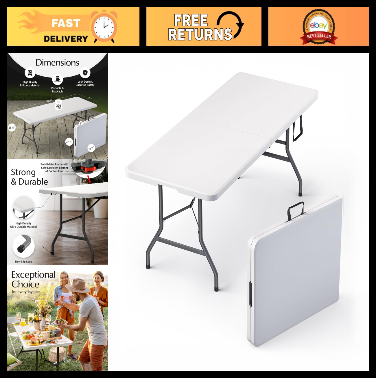 6FT Heavy Duty Folding Table with Handle - Portable for Parties, Weddings, Event0