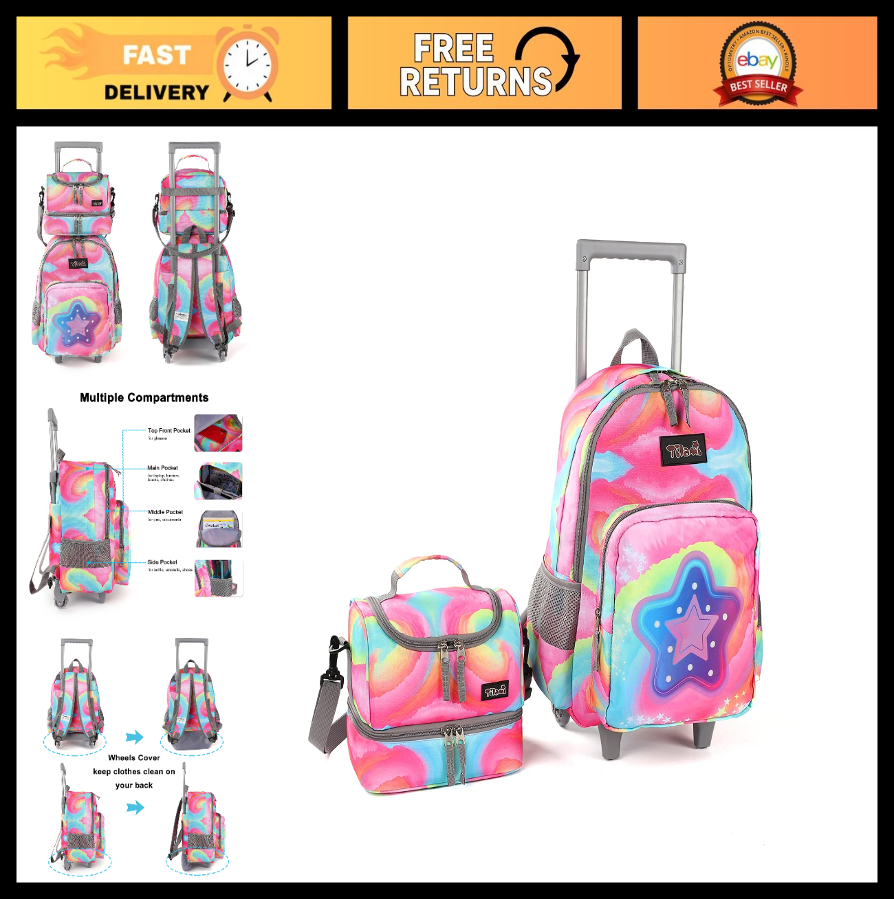 Wheeled Kids Backpack 18" with Lunch Bag, Double Handle Rolling Backpack, Starli0
