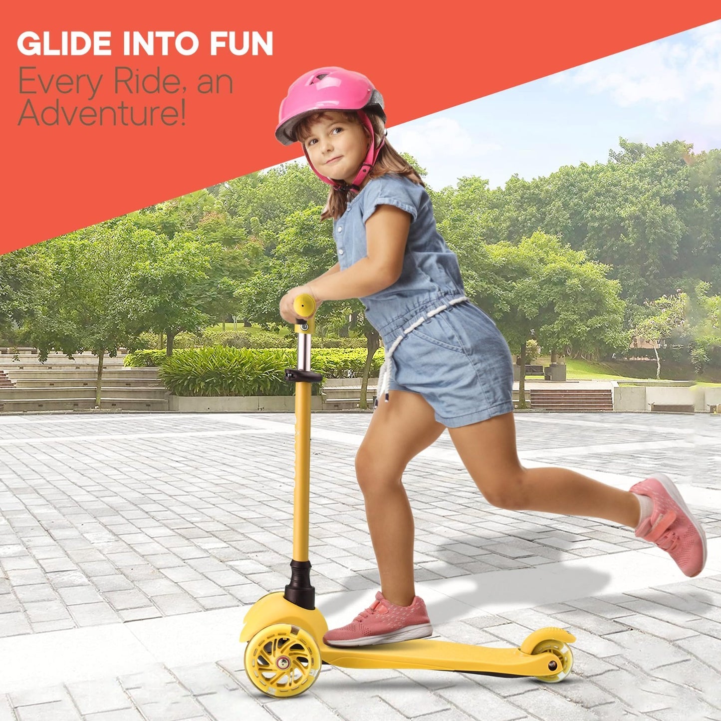 Kids Yellow Mini 3-Wheel Scooter - Lean-to-Steer, LED Wheels, Adjustable Handleb2