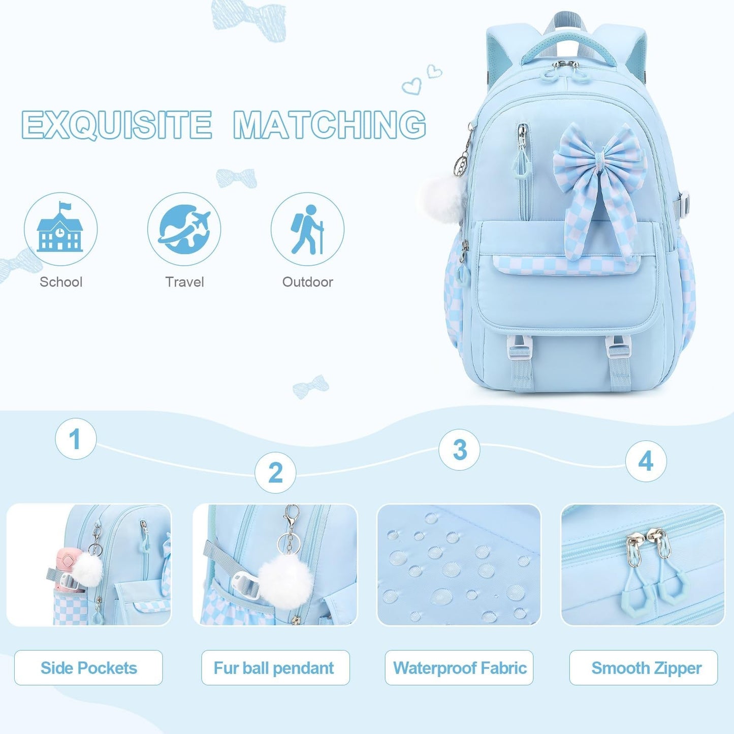 Girls Bow Backpack Set   3PCS with Lunch Bag & Pencil Case, Stylish School Bag4