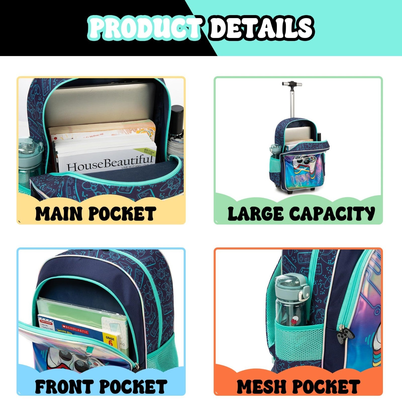 Rolling Kids Backpack with Wheels, Football Design, Lunch Box Included, Ages 6 83