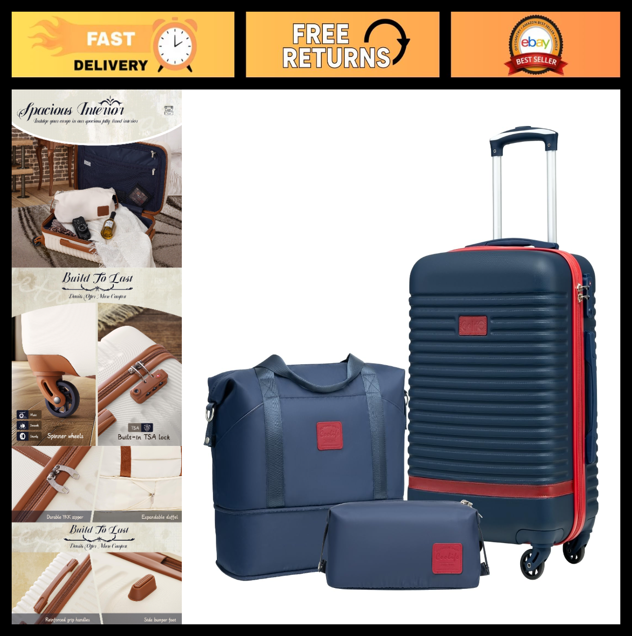 3-Piece Carry-On Luggage Set - Navy Red, 360° Spinner Wheels, Trolley Sleeve, Wa0
