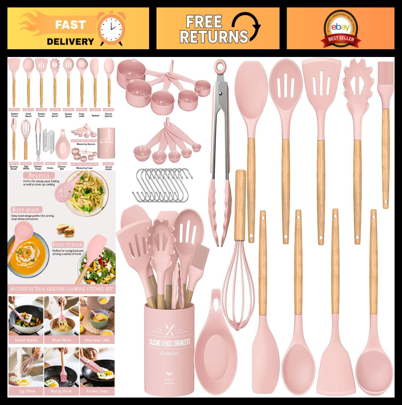 33 Piece Silicone Kitchen Utensils Set with Stand, Non Stick, Wooden Handle, Pin0